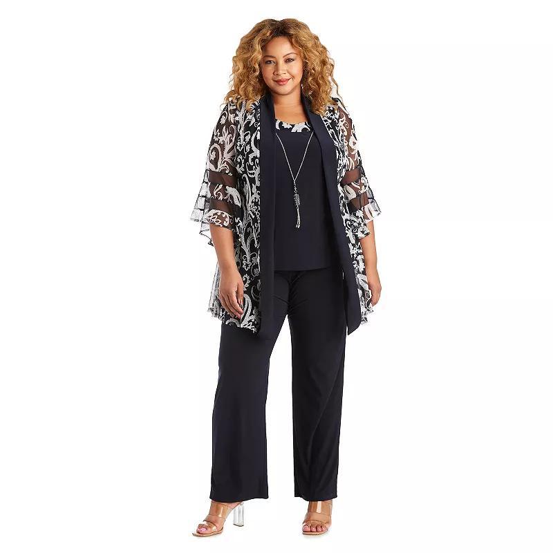 Plus Size R&M Richards Paisley Print Sheer Sleeve Banded Jacket Top & Mock Pants Set with Necklace, Womens Product Image