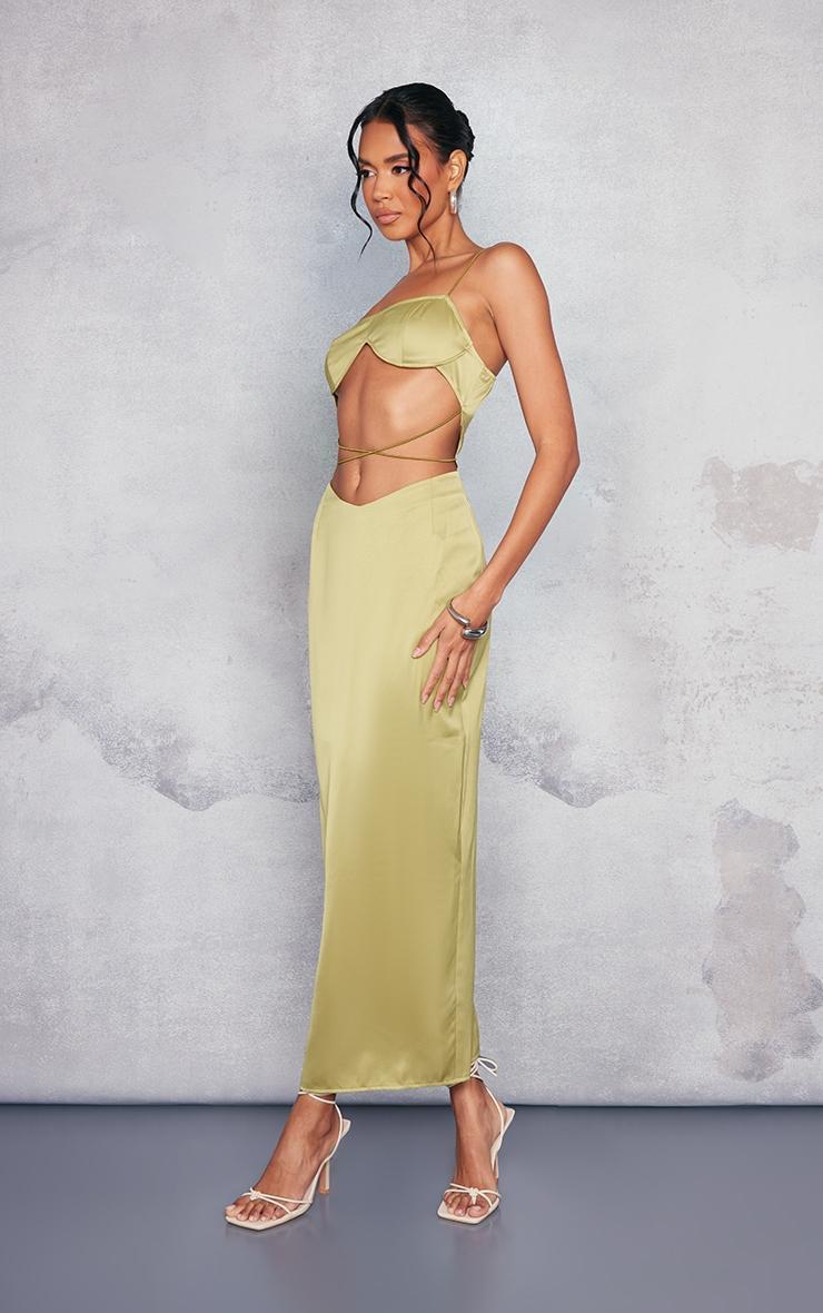 Olive Satin Underwired Strappy Cut Out Midaxi Dress Product Image