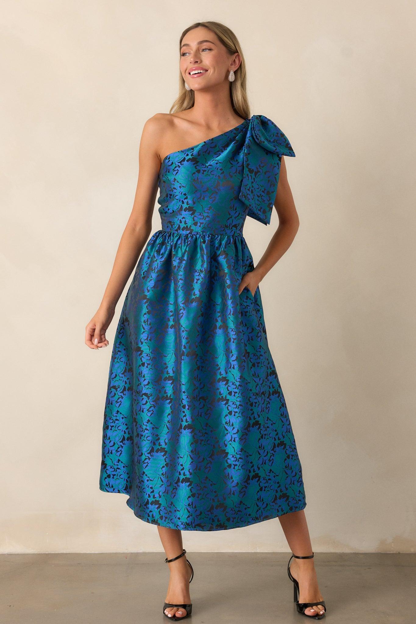 Midnight Toasts Blue Jacquard One Shoulder Midi Dress Product Image