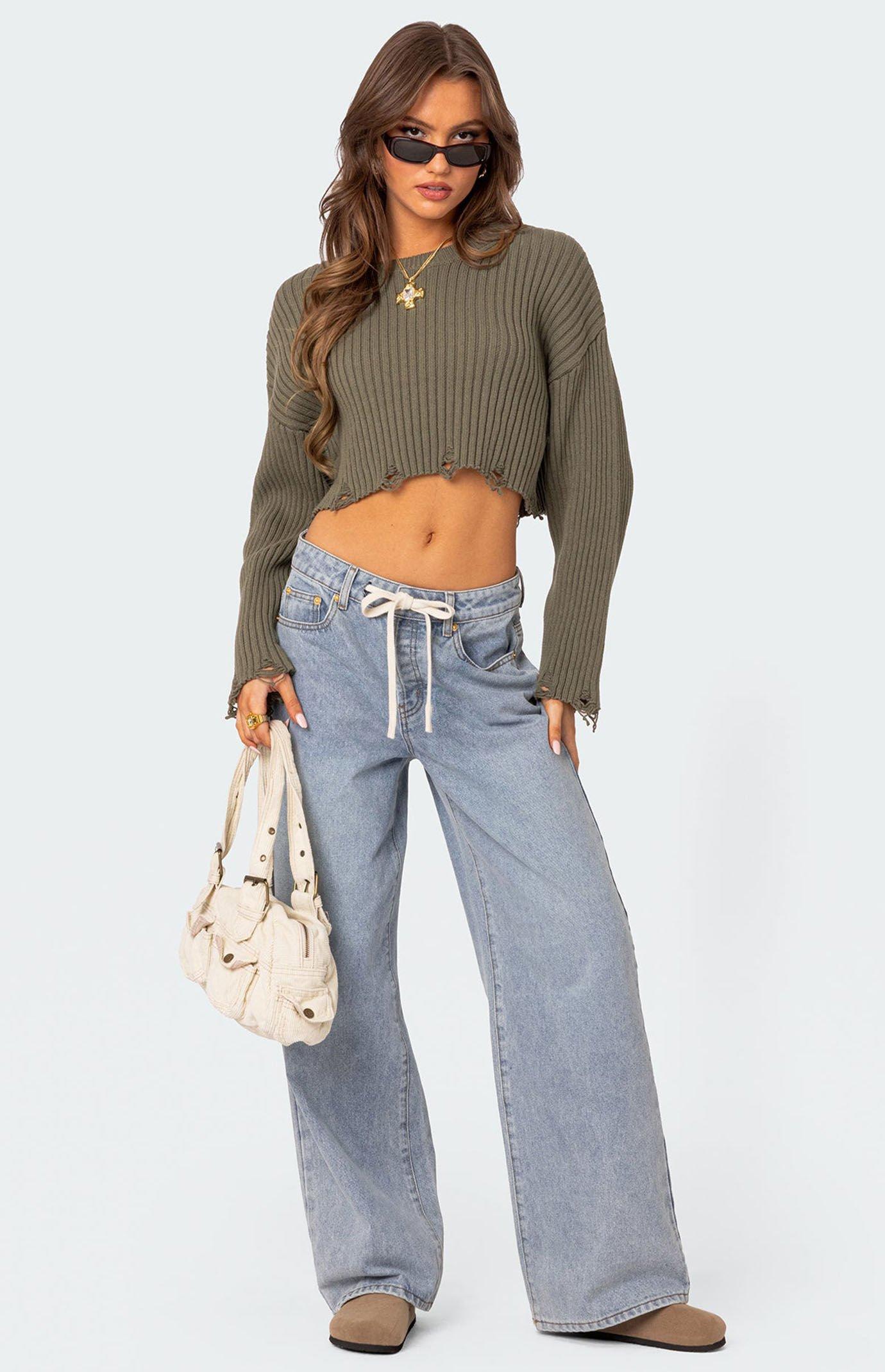 Edikted Women's Distressed Hem Oversized Cropped Sweater Product Image