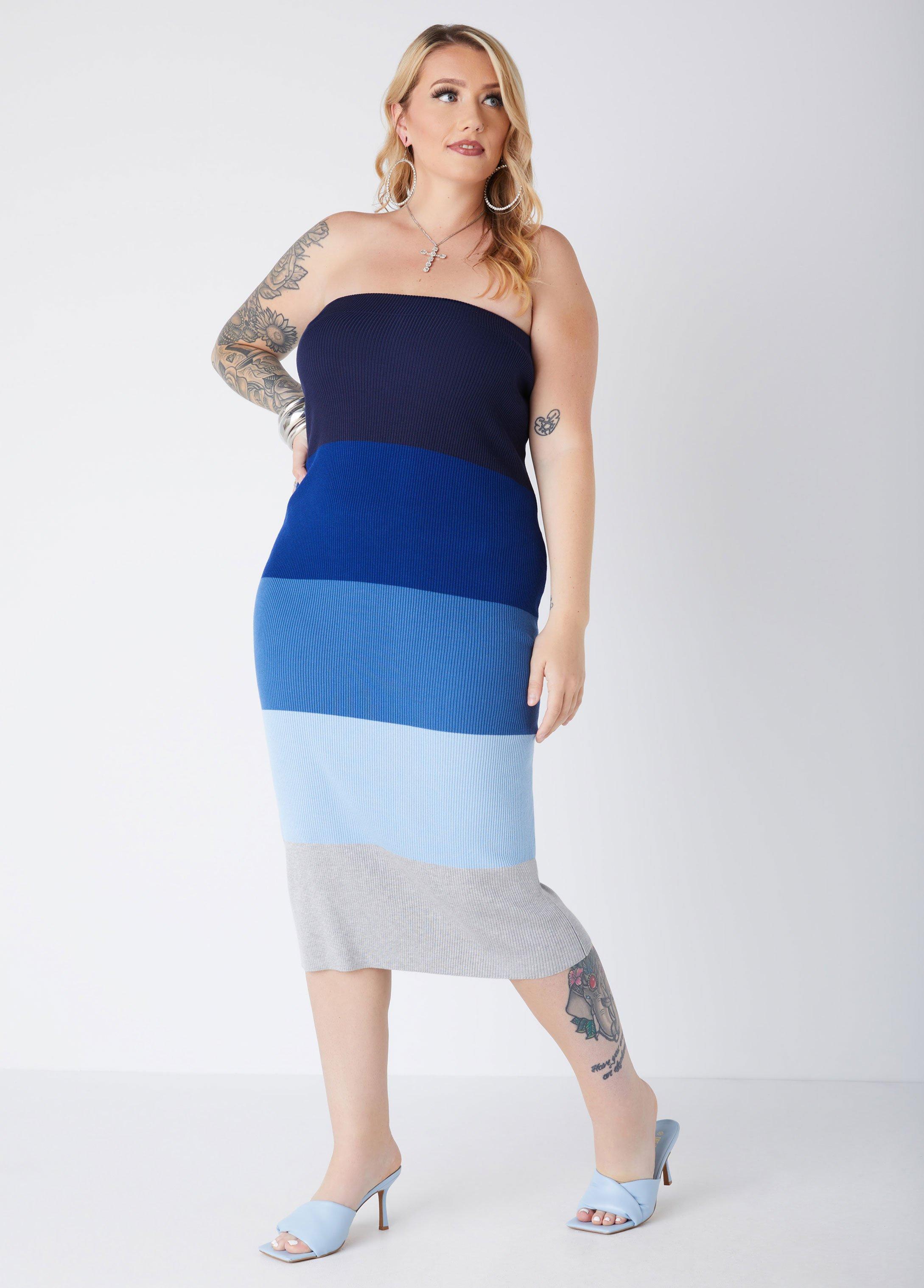 Plus Size Striped Strapless Bodycon Dress Ashley Stewart Product Image