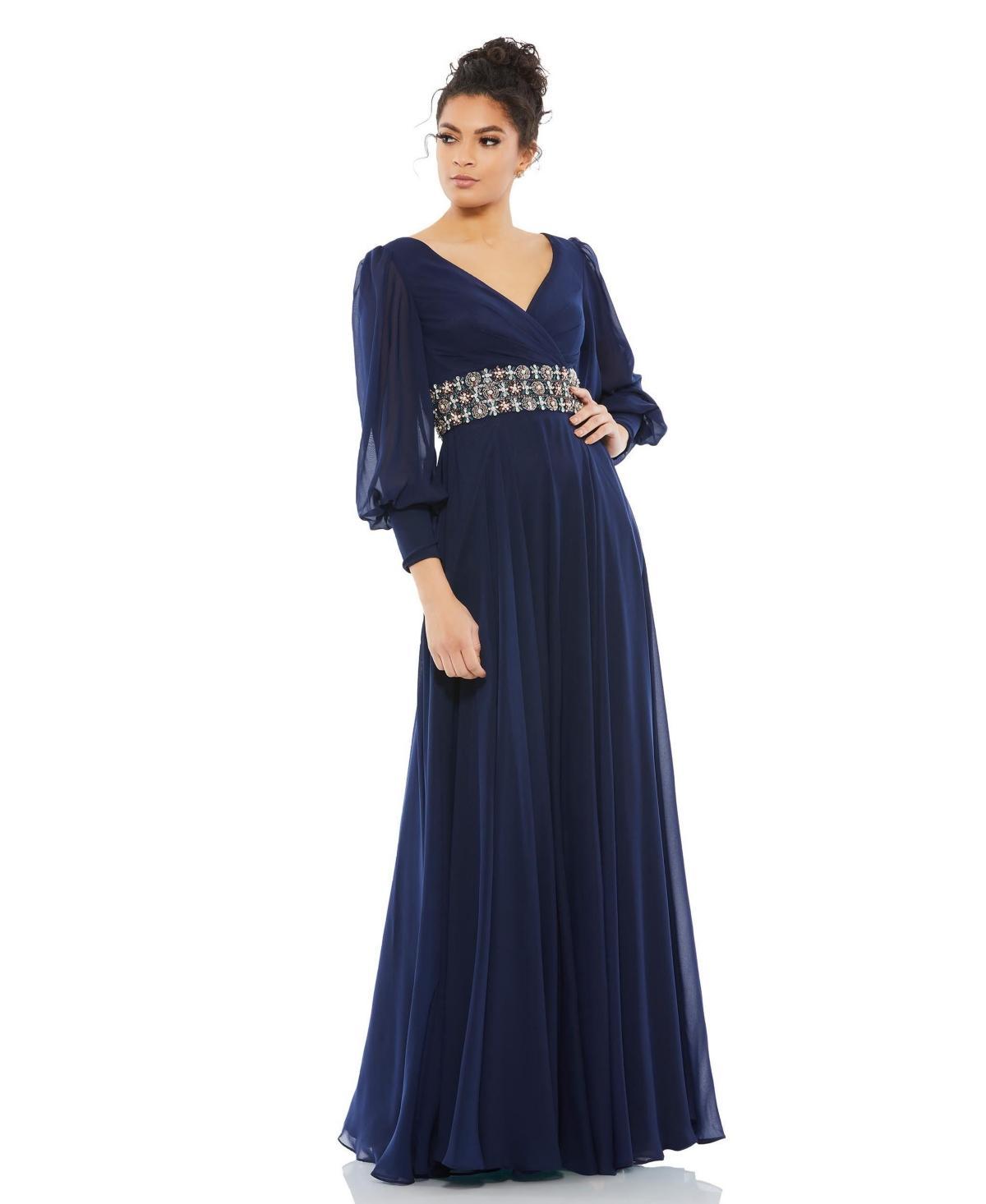 Womens Bishop-Sleeve Wrap Belted Flowy Gown Product Image