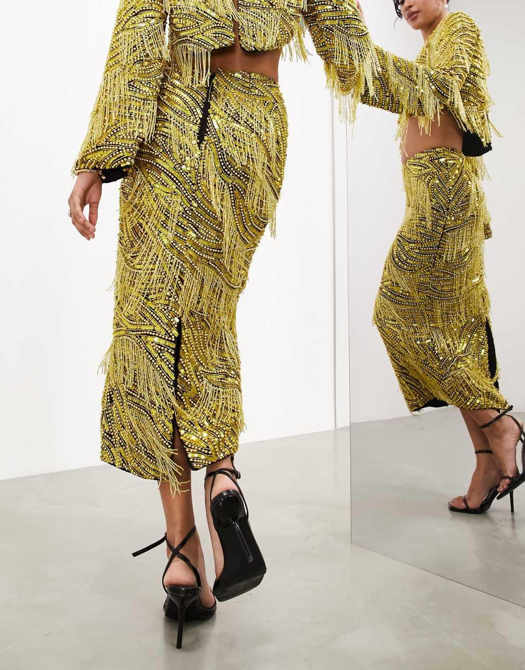 ASOS EDITION beaded fringe and pearl midi skirt in black and yellow Product Image