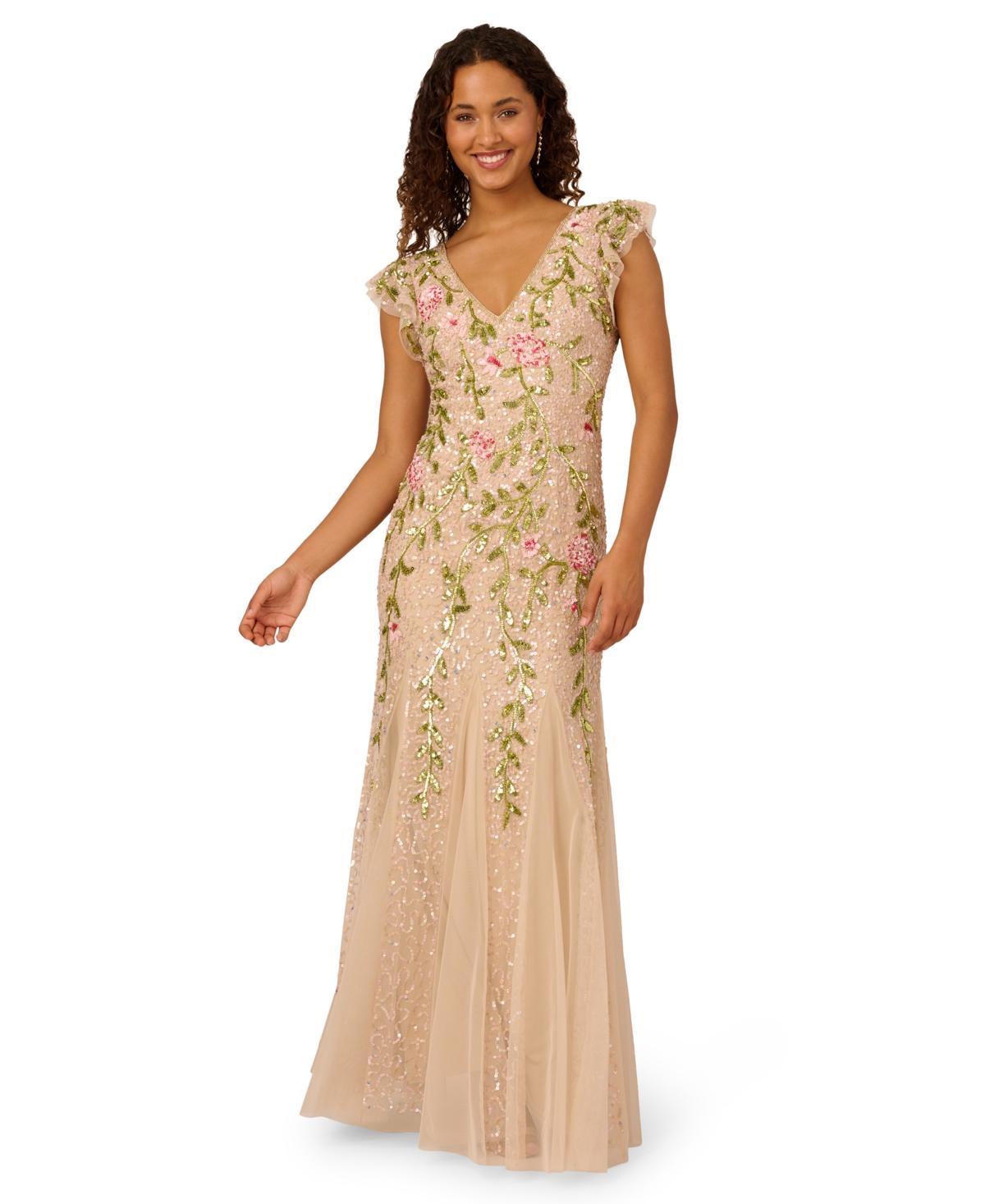 Adrianna Papell Womens Beaded Mesh Flutter-Sleeve Gown Product Image