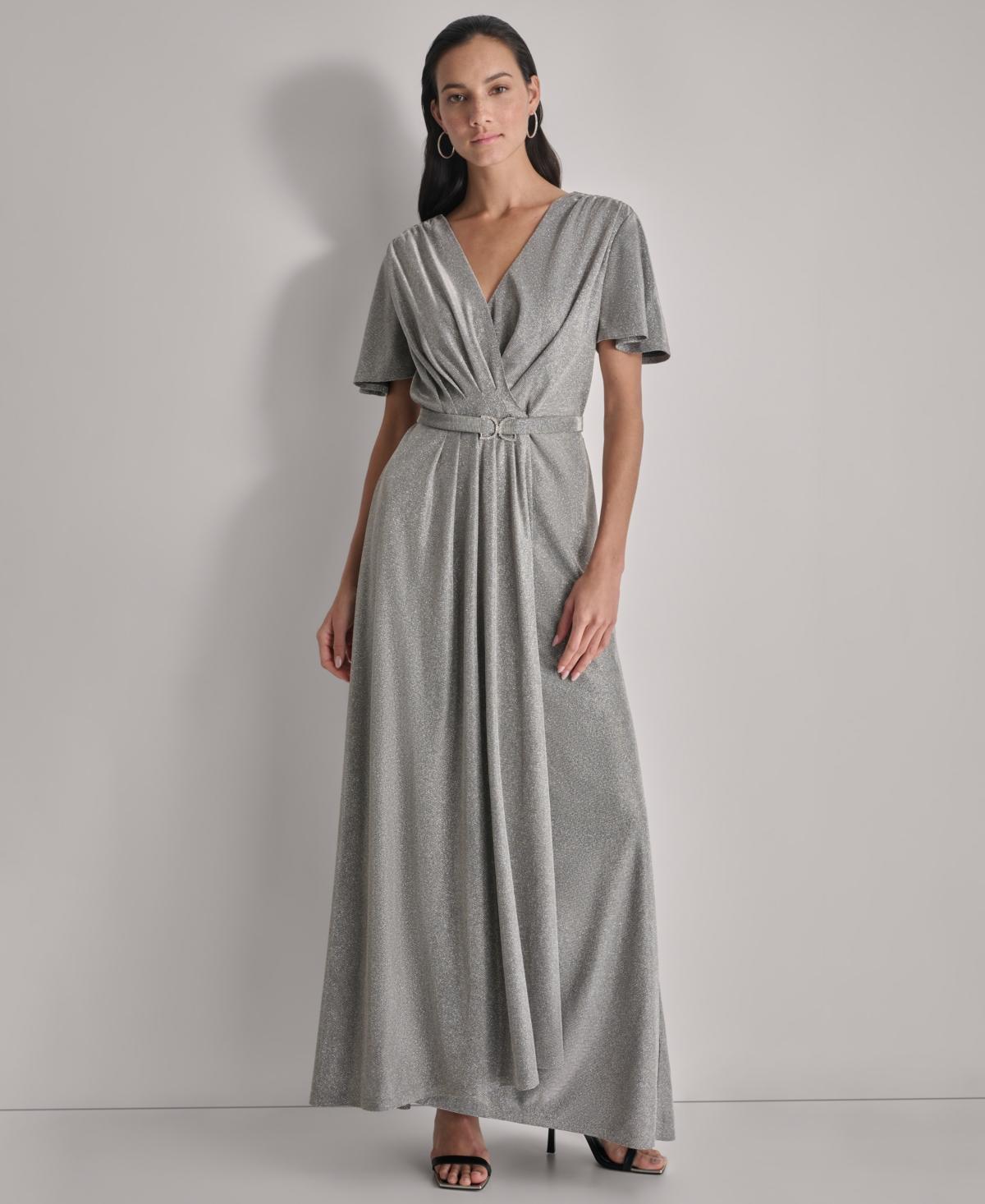 Dkny Womens Metallic Pleated Belted Flutter-Sleeve Gown Product Image