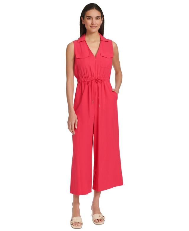 Calvin Klein Womens Collared V-Neck Straight-Leg Jumpsuit Product Image