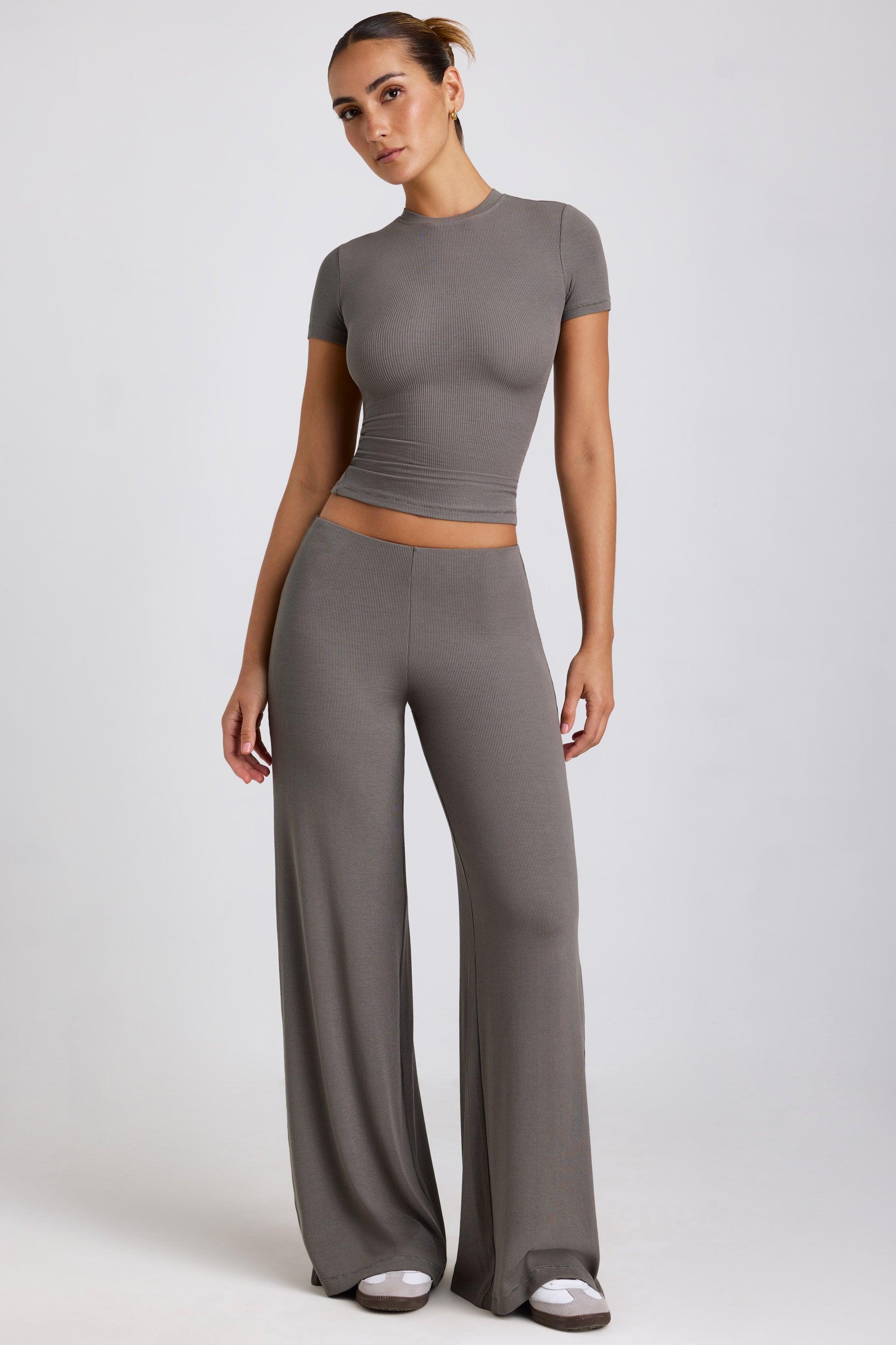 Petite Mid Rise Wide Leg Trouser in Grey Product Image