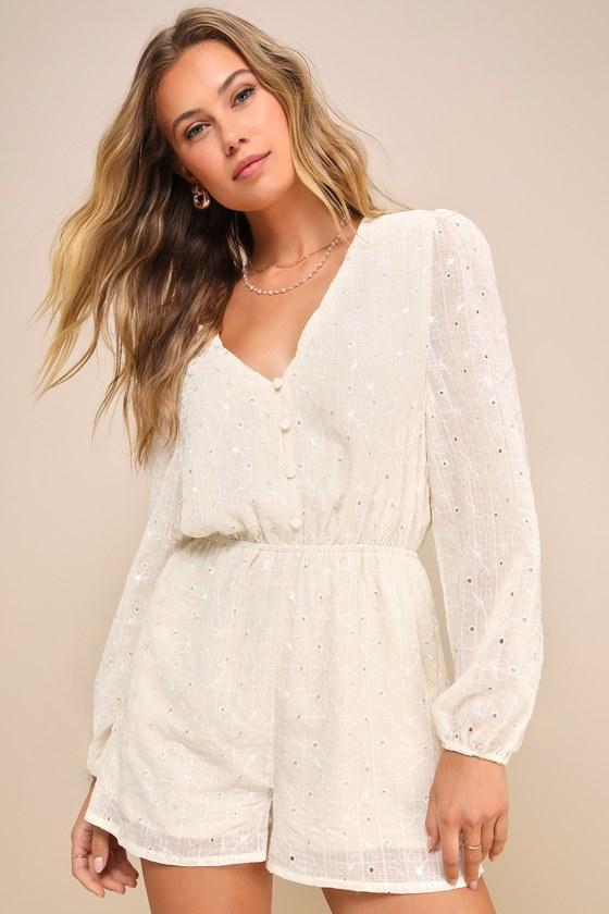 Ideal Darling Cream Eyelet Embroidered Long Sleeve Romper Product Image