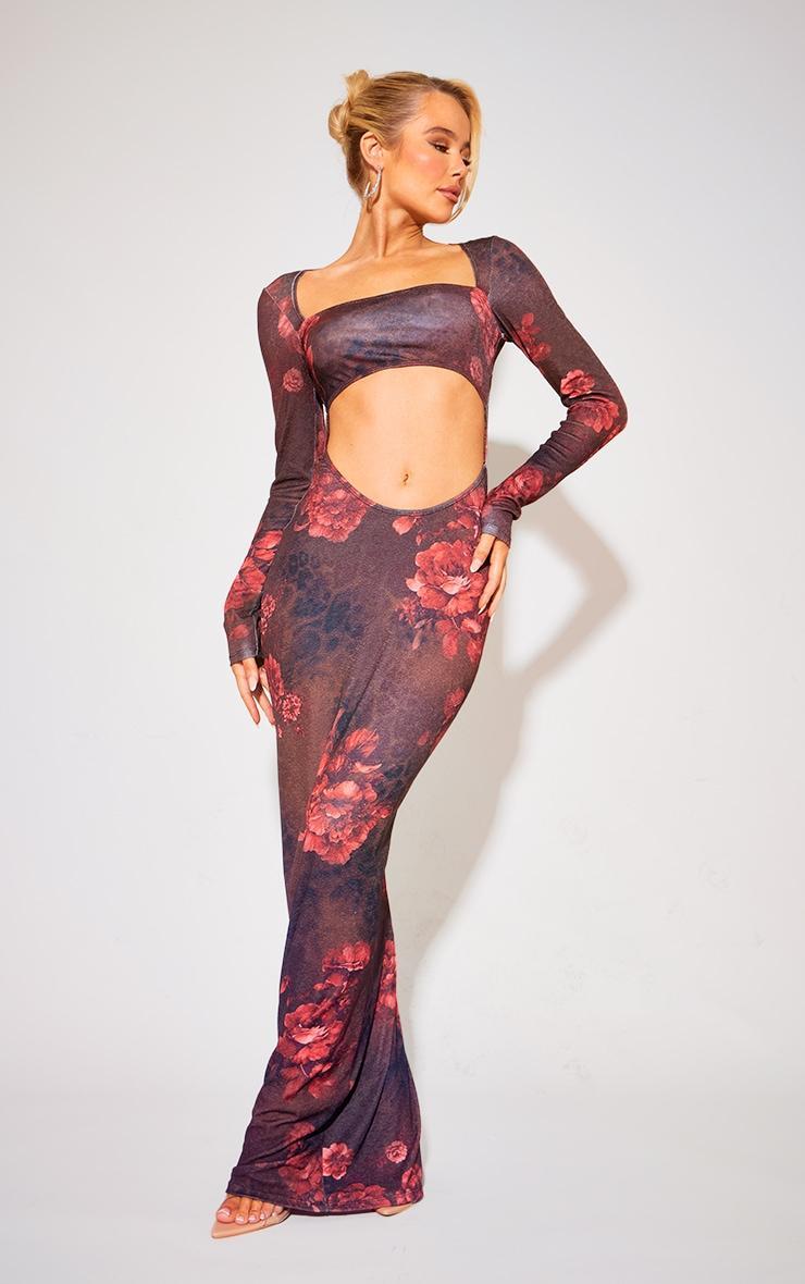 Multi Floral Sheer Long Sleeve Cut Out Maxi Dress Product Image