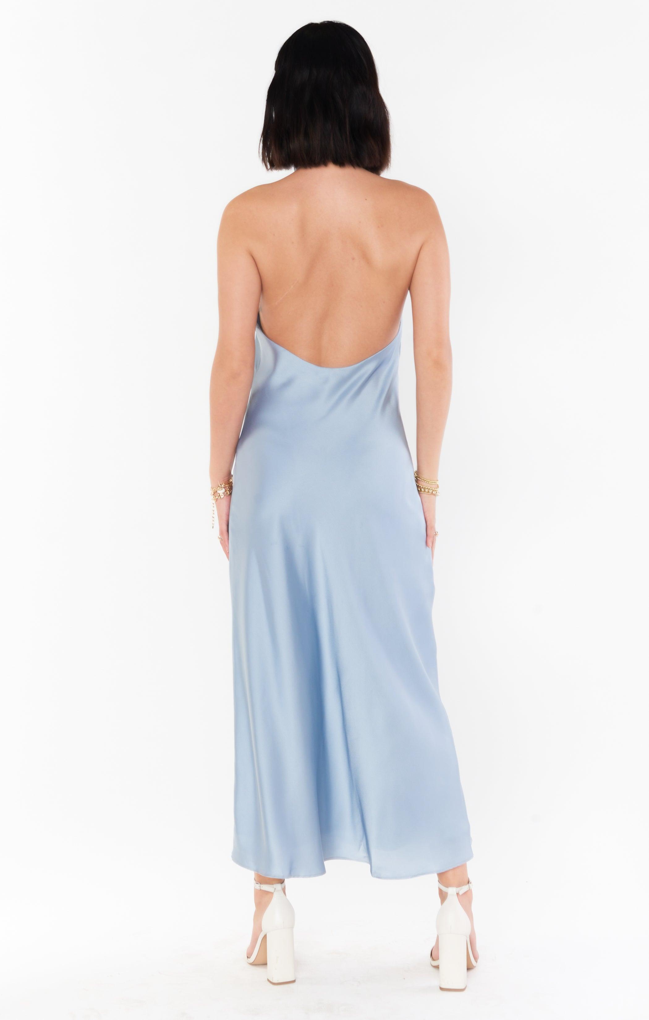 Jasmine Halter Midi Dress ~ Steel Blue Luxe Satin Product Image