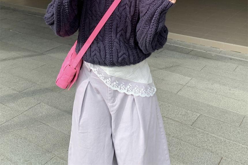 Oversized Cable-Knit Sweater / Cowl-Neck Dotted Top / Pleated Wide-Leg Pants Product Image