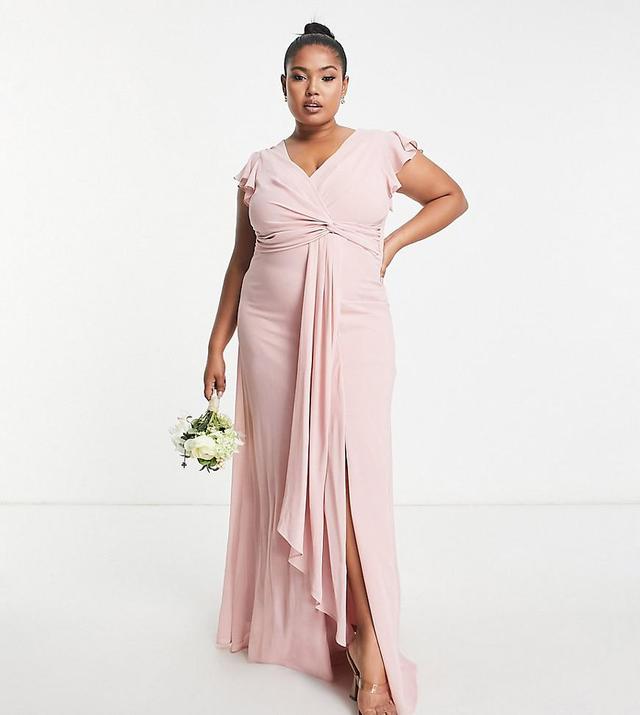 TFNC Plus Bridesmaid flutter sleeve ruffle detail maxi dress in blush Product Image