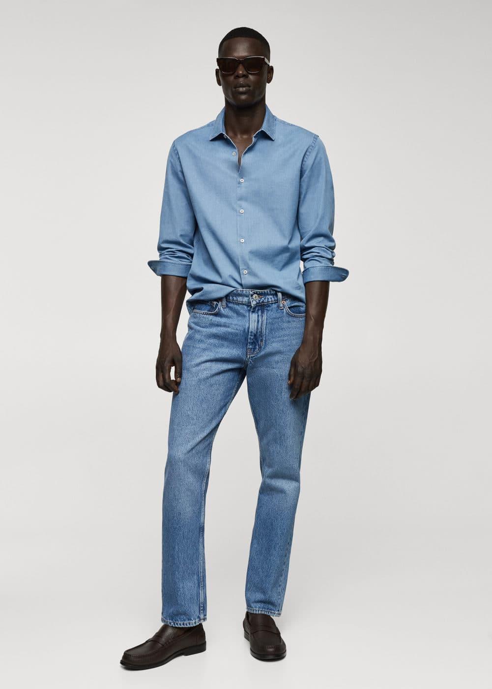 MANGO MAN - Slim-fit chambray cotton shirt light blueMen Product Image