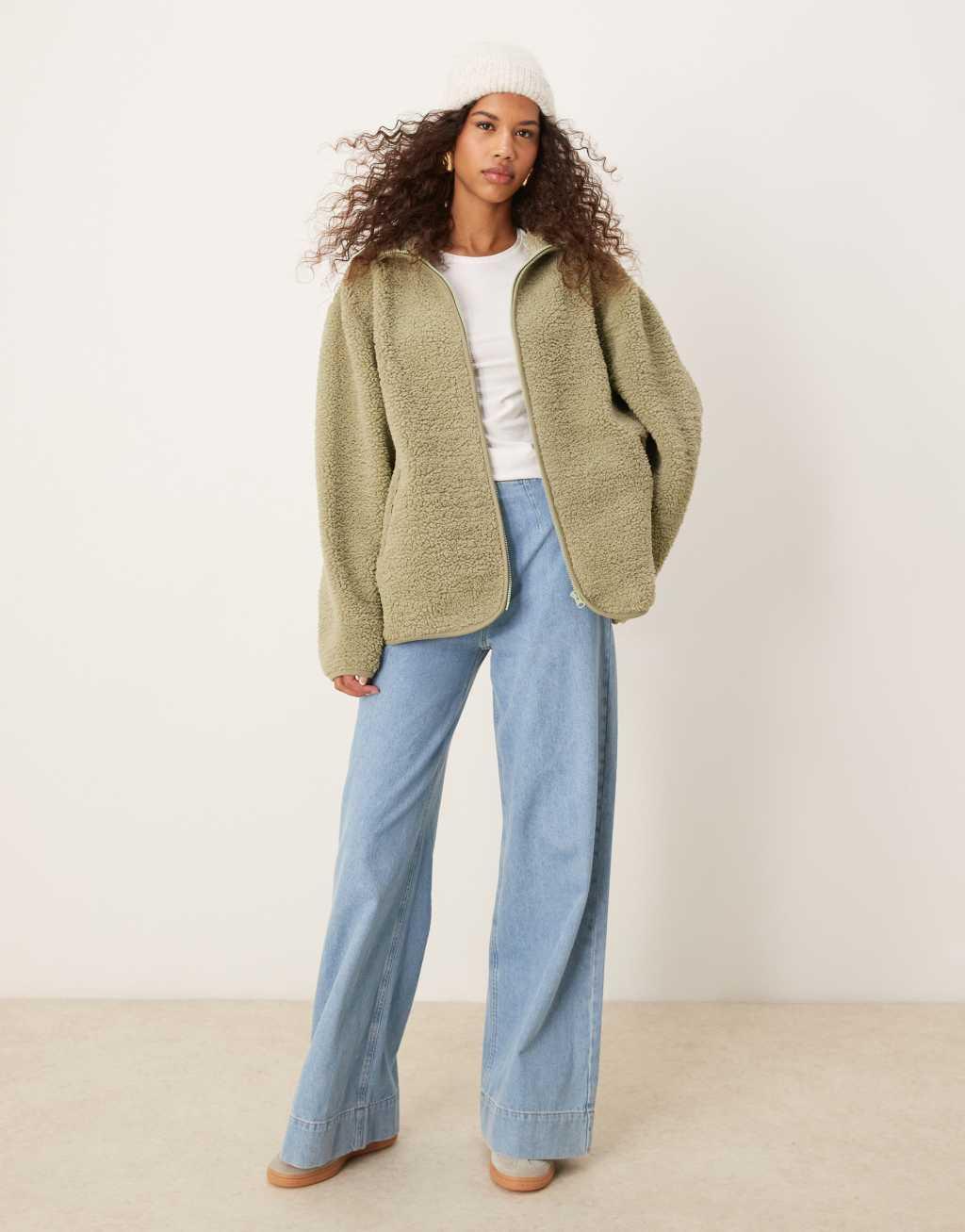 ASOS DESIGN teddy zip up sweatshirt in sage green Product Image