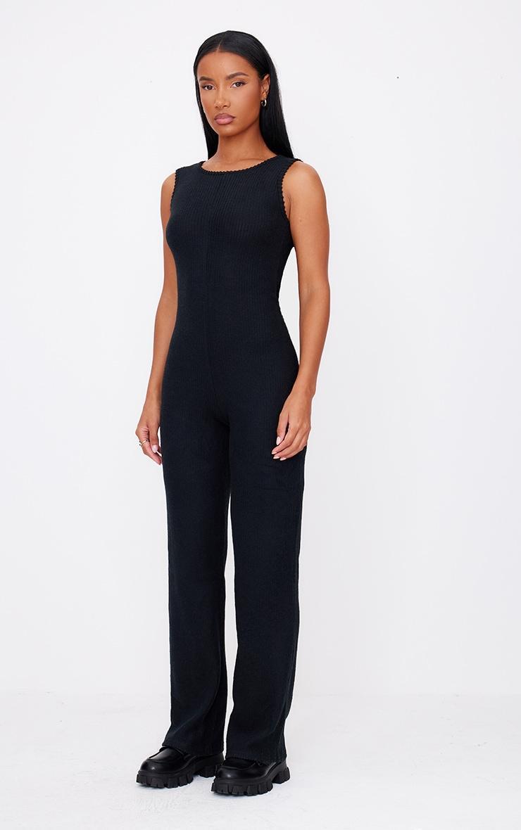 Black Soft Rib Wide Leg Racer Neck Jumpsuit Product Image