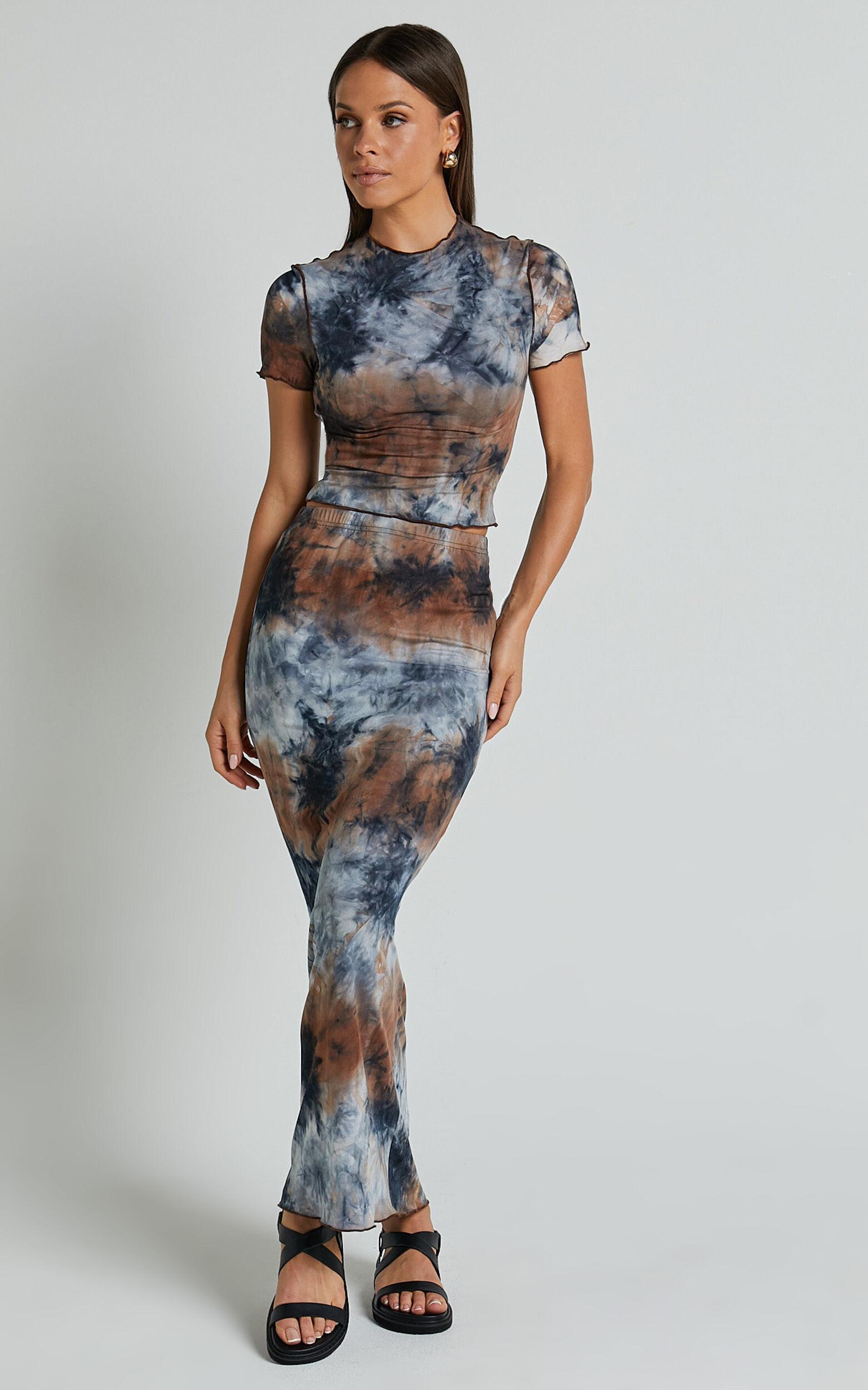 Salem Two Piece Set - High Neck Short Sleeve Top and Midi Skirt Set in Blue Tie Dye Product Image