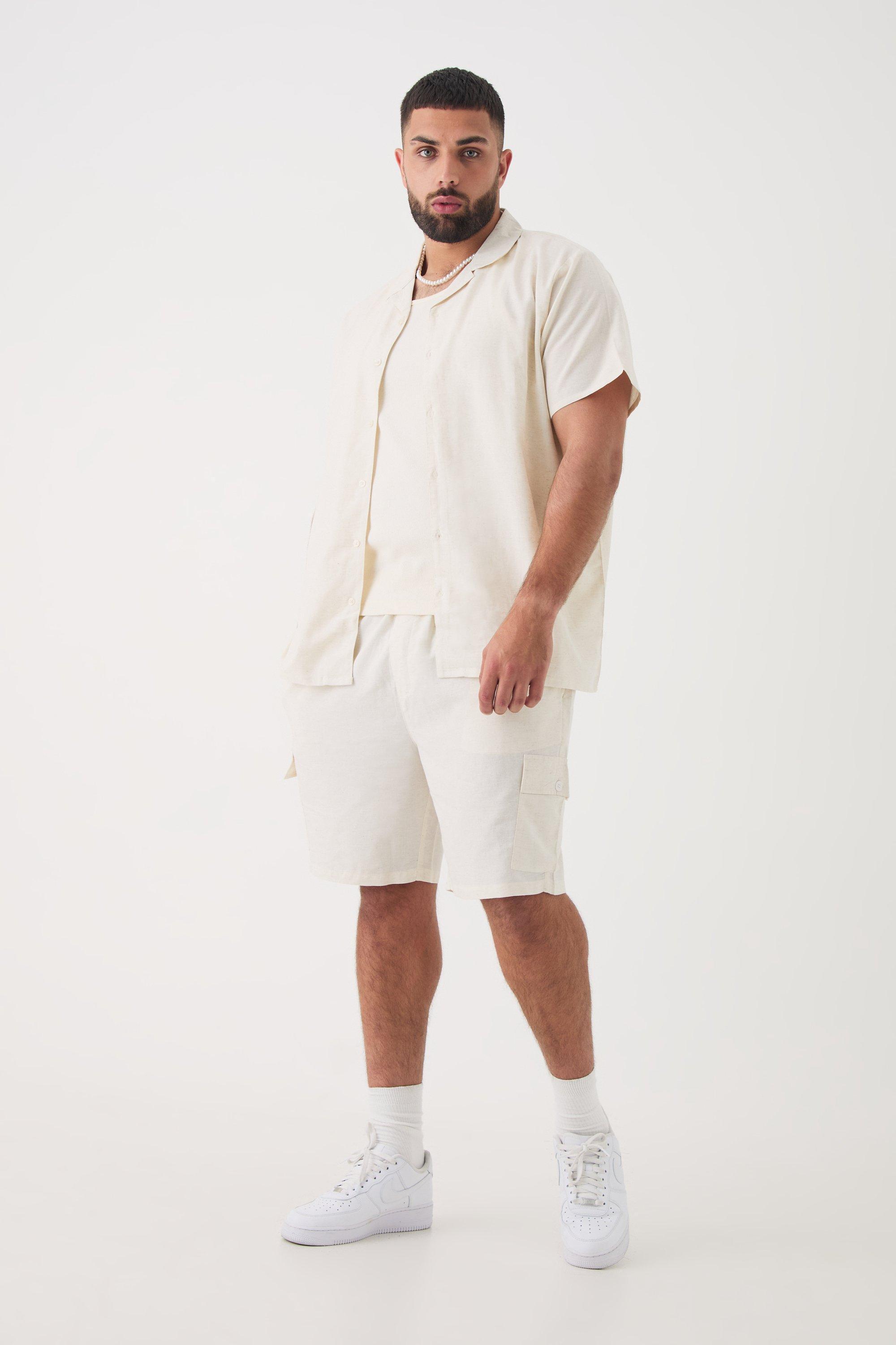 Plus Short Sleeve Linen Cargo Shirt & Short Set In Natural | boohooMAN USA Product Image