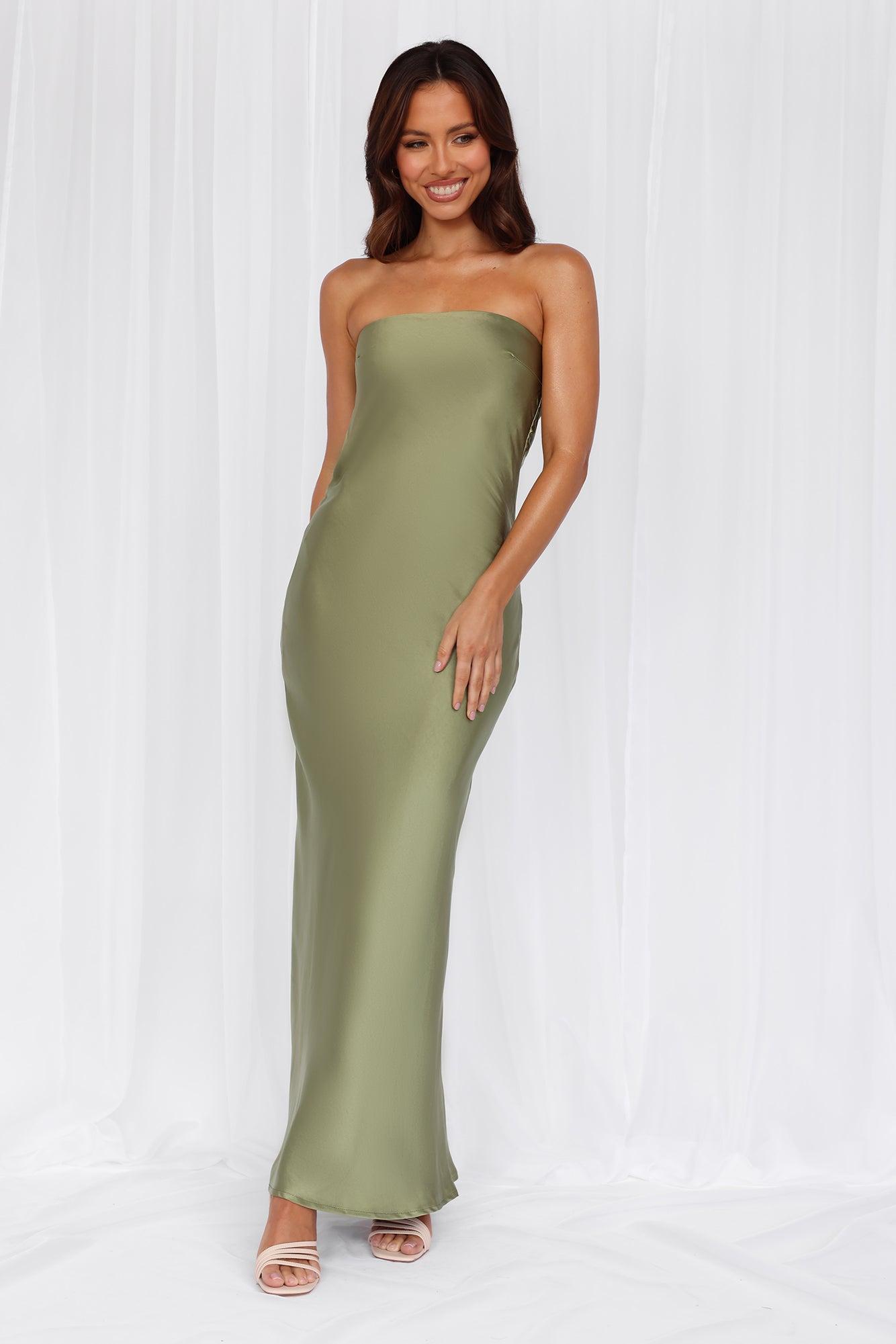 HELLO MOLLY The Felicity Strapless Satin Maxi Dress Olive Product Image