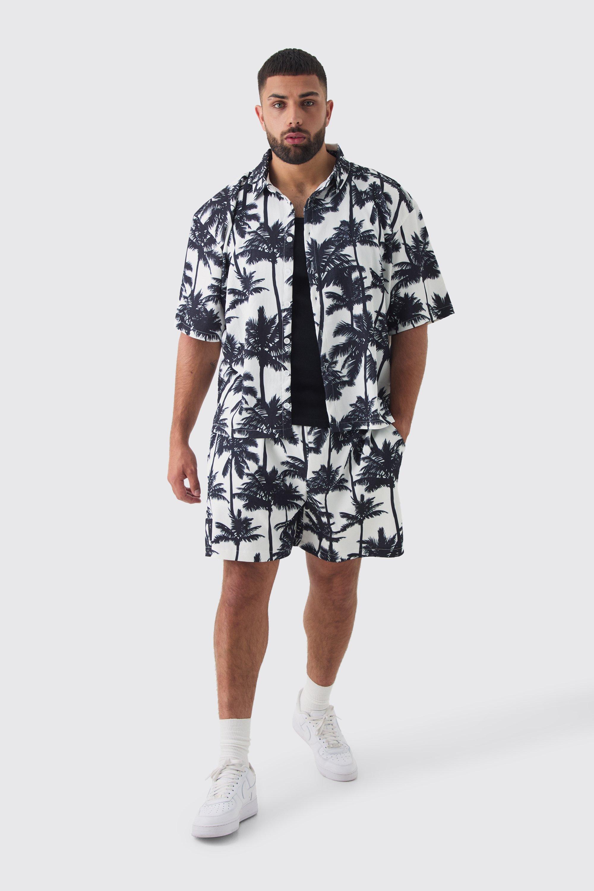 Plus Palm Printed Oversized Short Sleeve Pleated Shirt & Short Set | boohooMAN USA Product Image