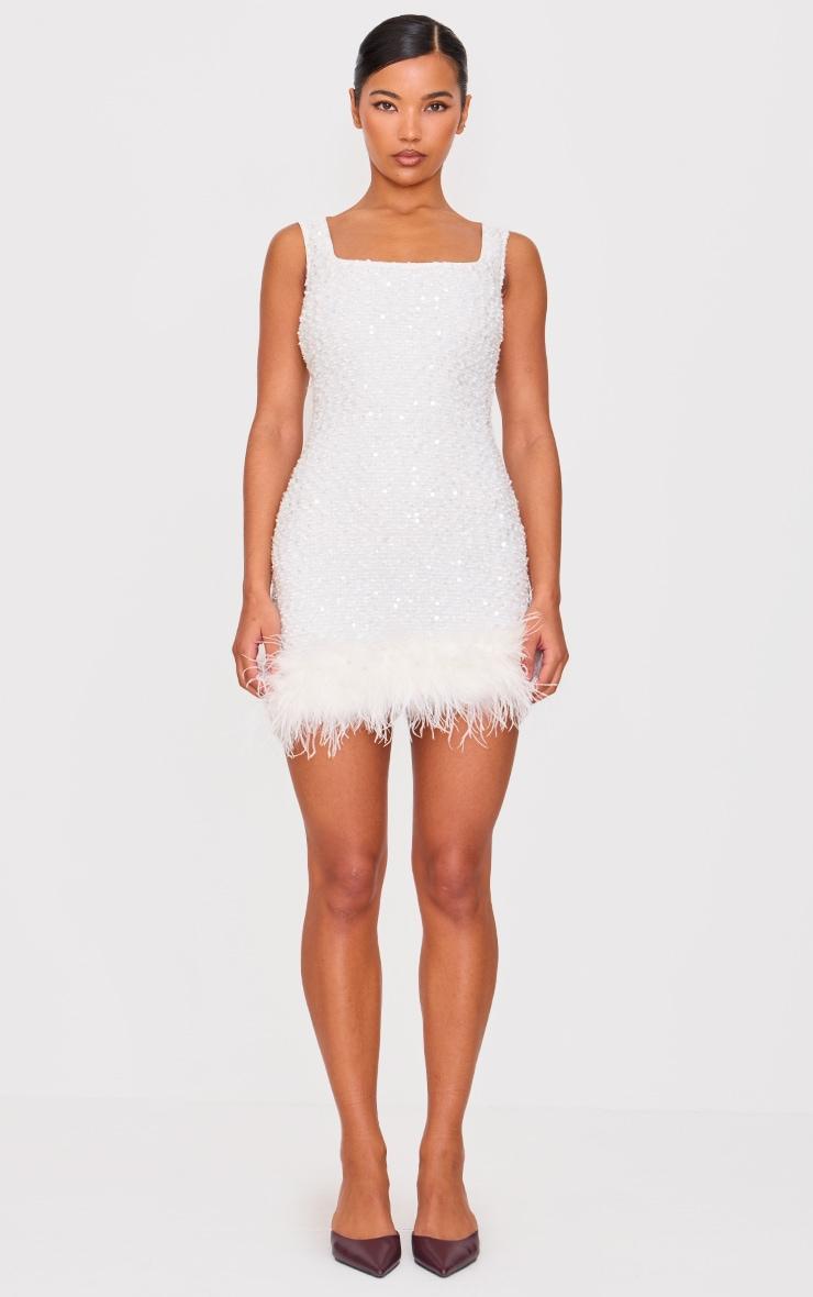 White Sequin Scoop Neck Feather Hem Shift Dress Product Image