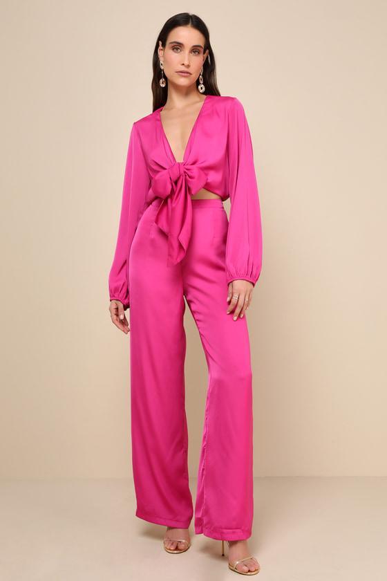 Trendsetting Direction Magenta Satin Tie-Front Wide-Leg Jumpsuit Product Image