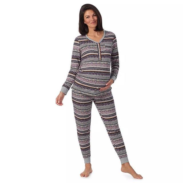 Maternity Cuddl Duds Cozy Henley Pajama Top & Banded Bottom Pajama Pants Sleep Set, Womens Cream Brown Product Image