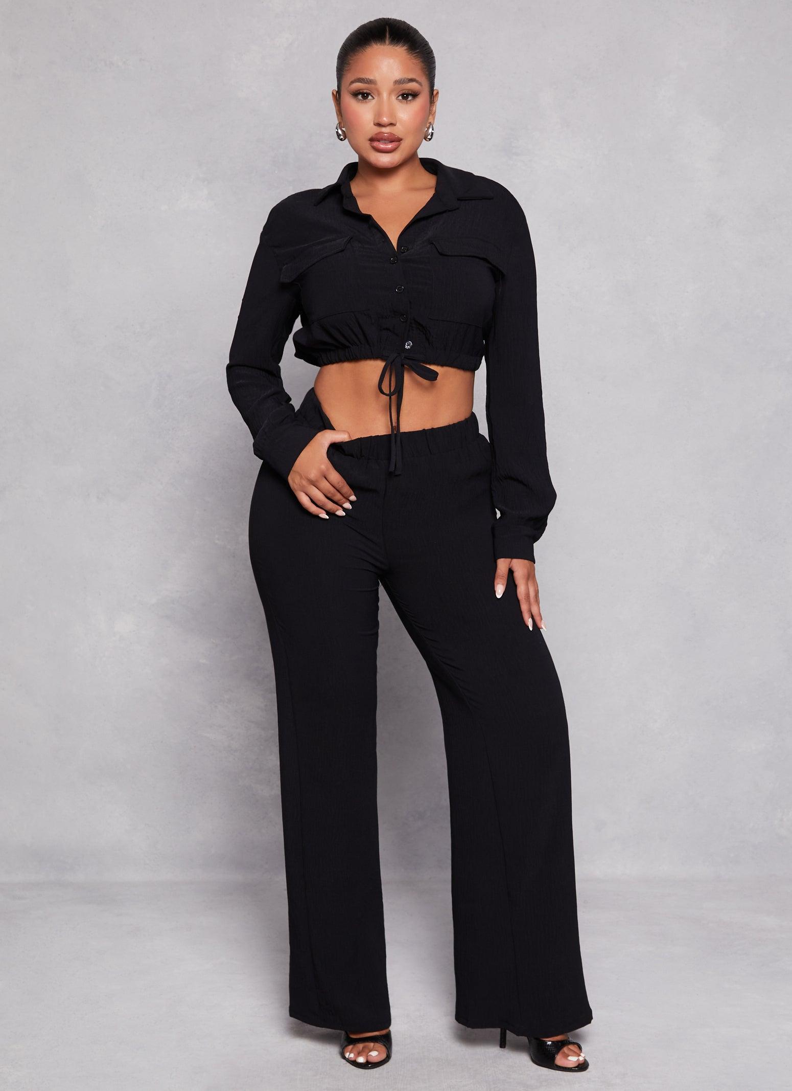 Womens Crepe Knit Cropped Shirt and Pants Set Product Image