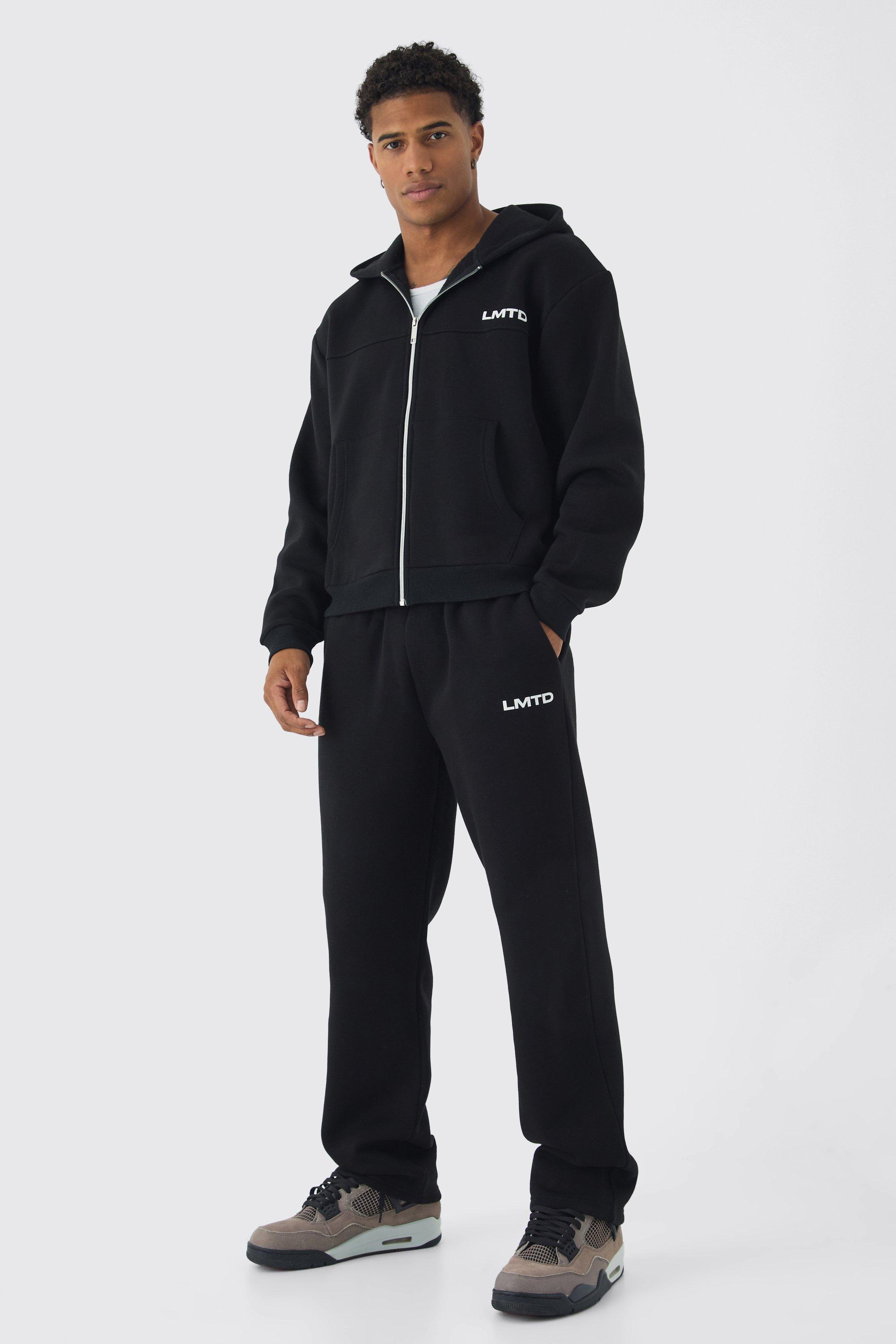 Mens Black Oversized Boxy Seam Detail Varsity Print Tracksuit, Black Product Image