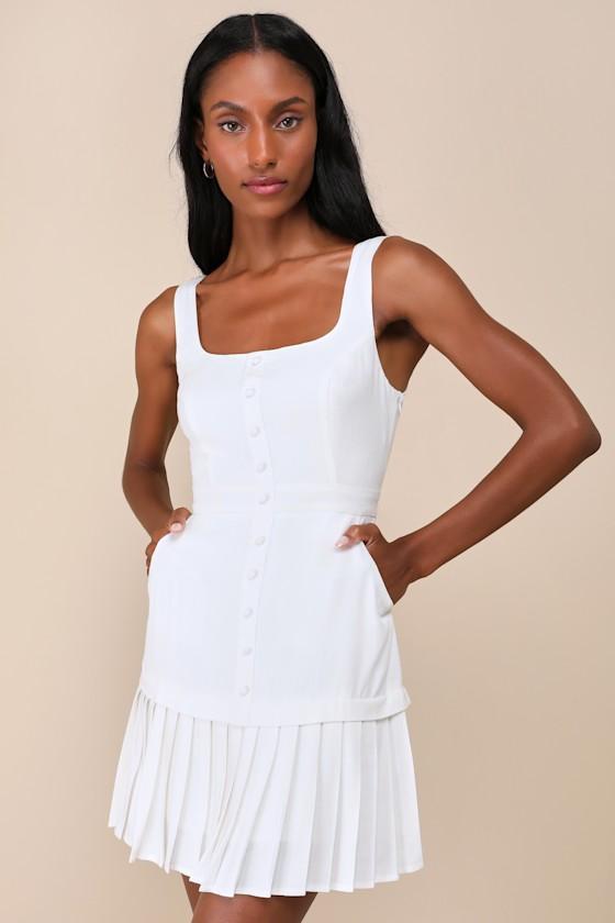 Poised and Chic White Linen Pleated Mini Dress with Pockets Product Image