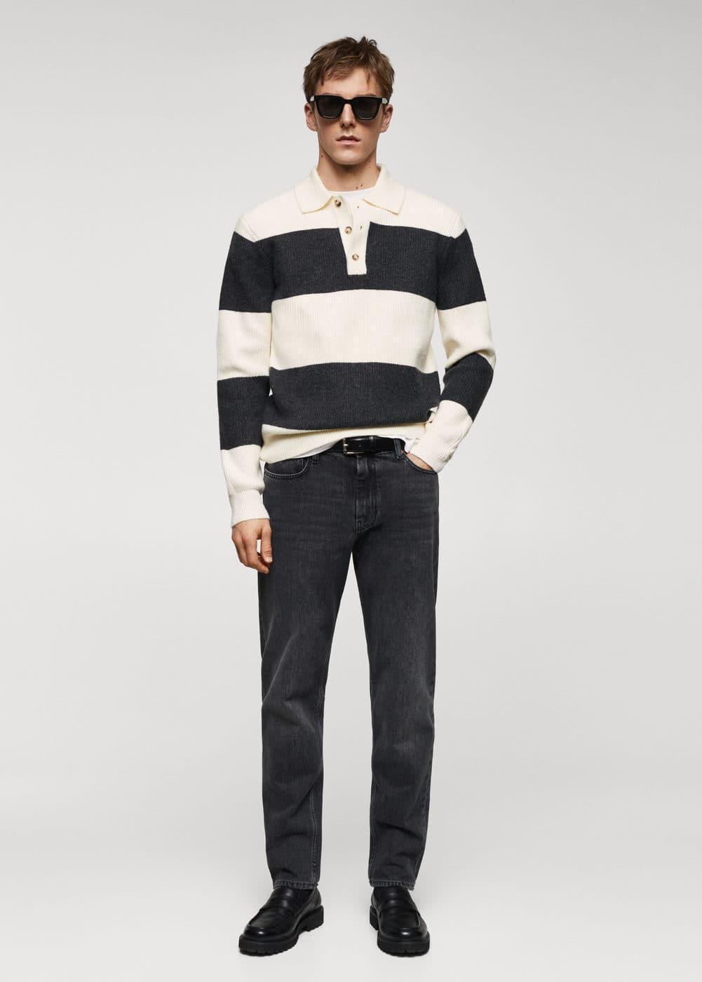 MANGO MAN - Ribbed striped knitted polo shirt off whiteMen Product Image