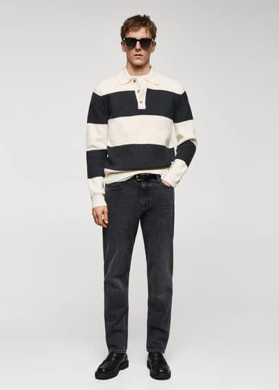 MANGO MAN - Ribbed striped knitted polo shirt off whiteMen Product Image