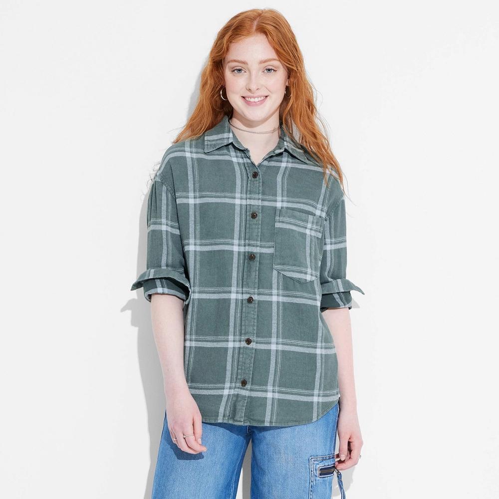 Women's Long Sleeve Oversized Flannel Button-Down Shirt - Wild Fable™ Dark Green Plaid M Product Image