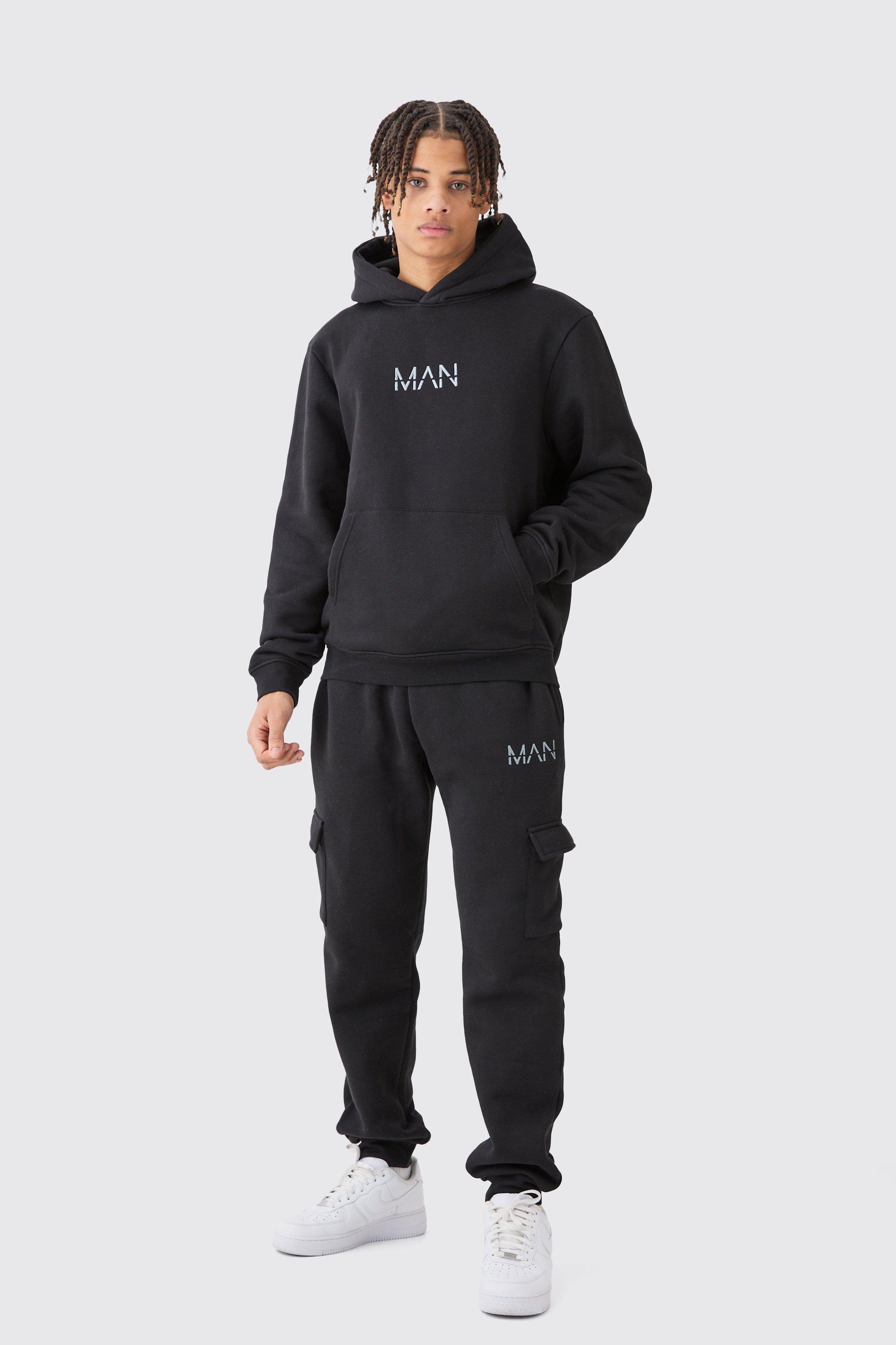 Mens Black Man Hooded Cargo Tracksuit, Black product image