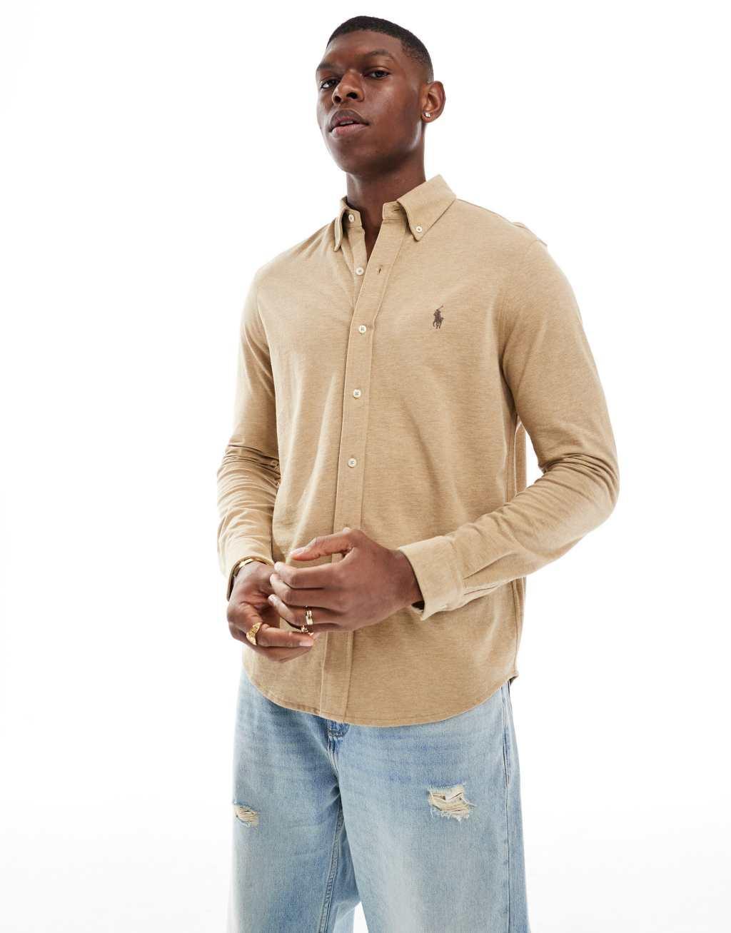 Polo Ralph Lauren icon logo pique shirt in heathered tan Product Image