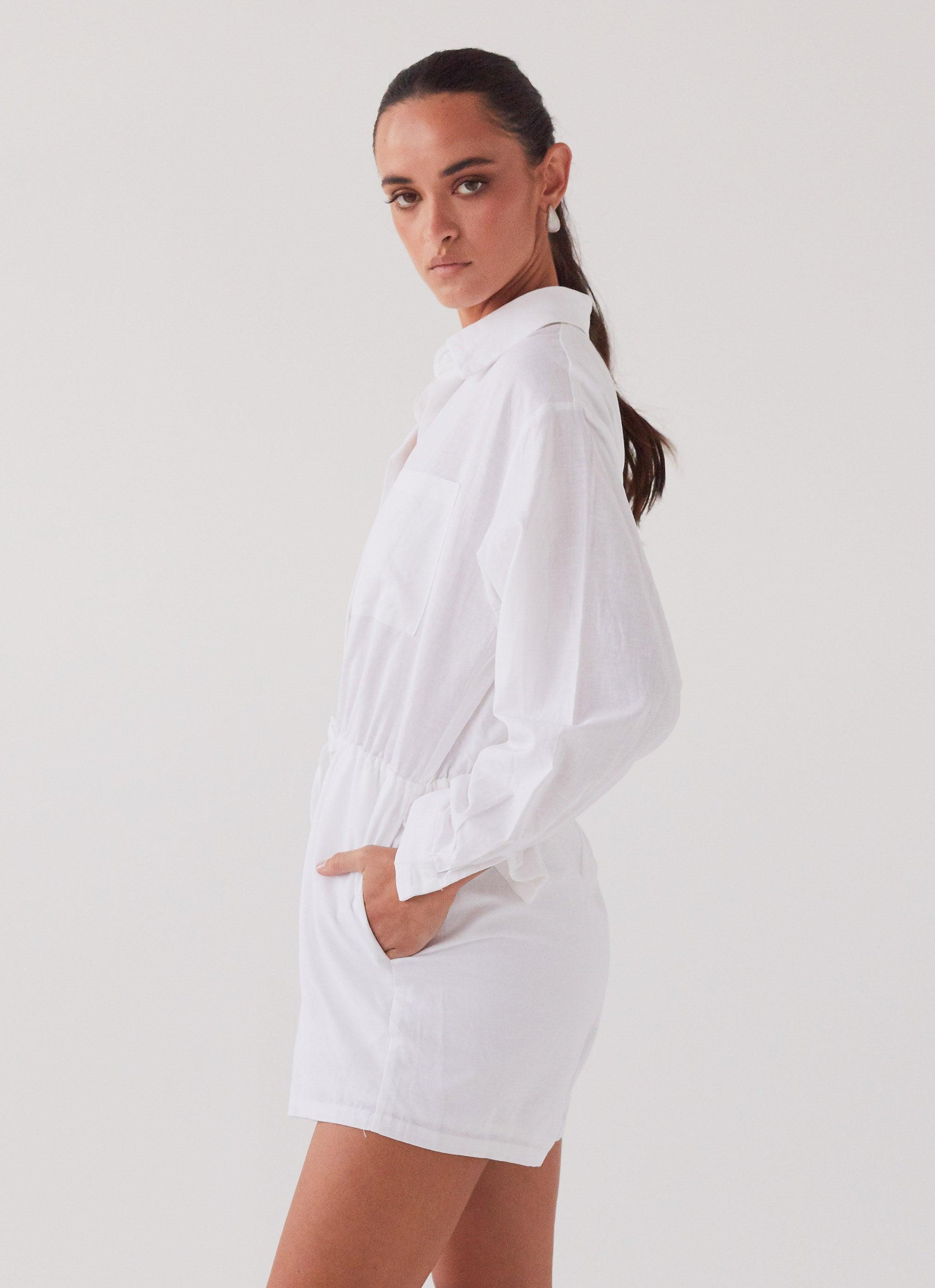 Unwind Linen Shirt Playsuit - White Product Image