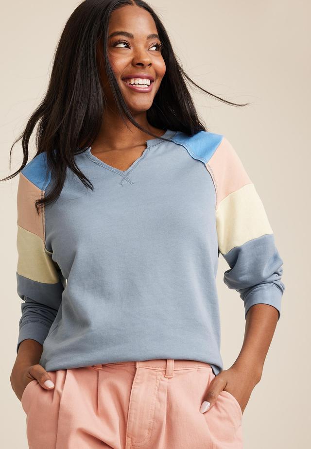 Maurices Womens Notch Neck Colorblock Sweatshirt Blue Size XX Large Product Image