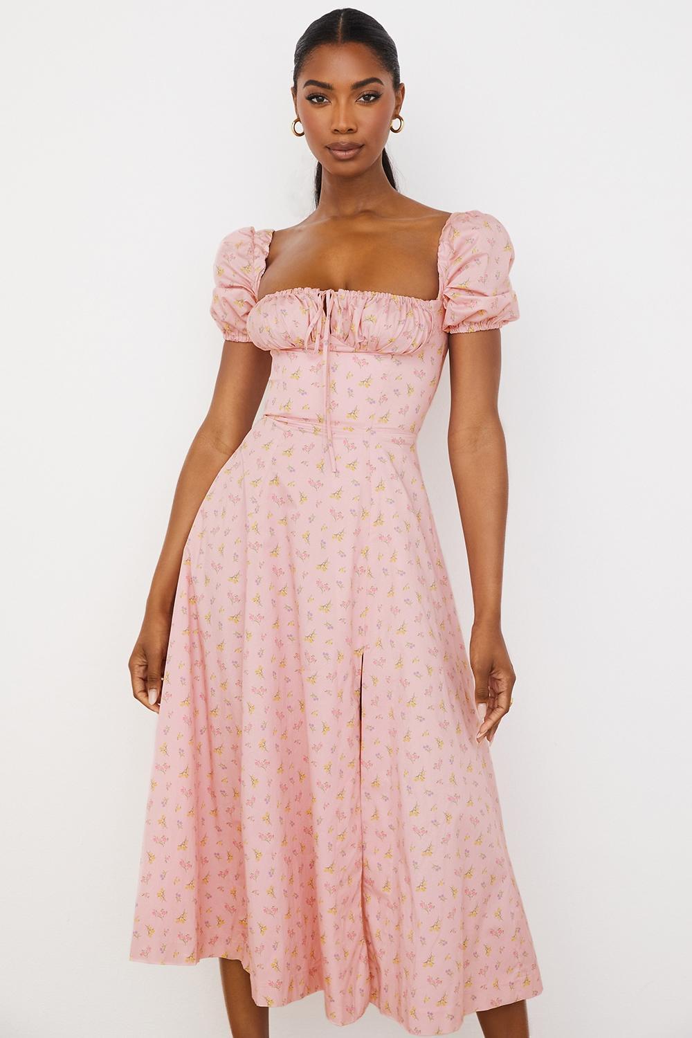 Tallulah Pink Floral Puff Sleeve Midi Dress Product Image