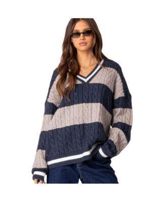 Edikted Romie V Neck Cable Knit Sweater Product Image