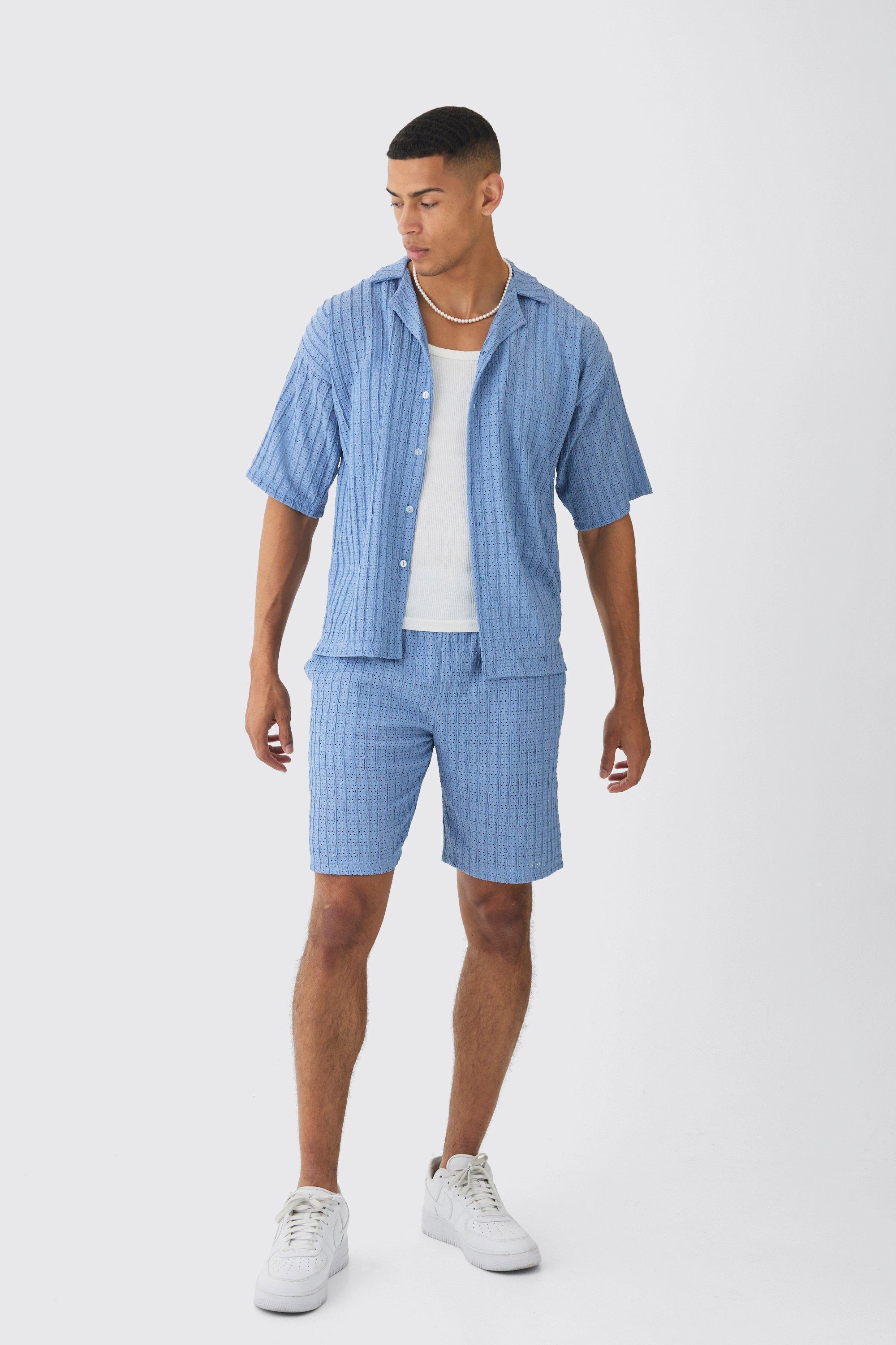 Textured Stripe Revere Shirt & Short Set | boohooMAN USA Product Image