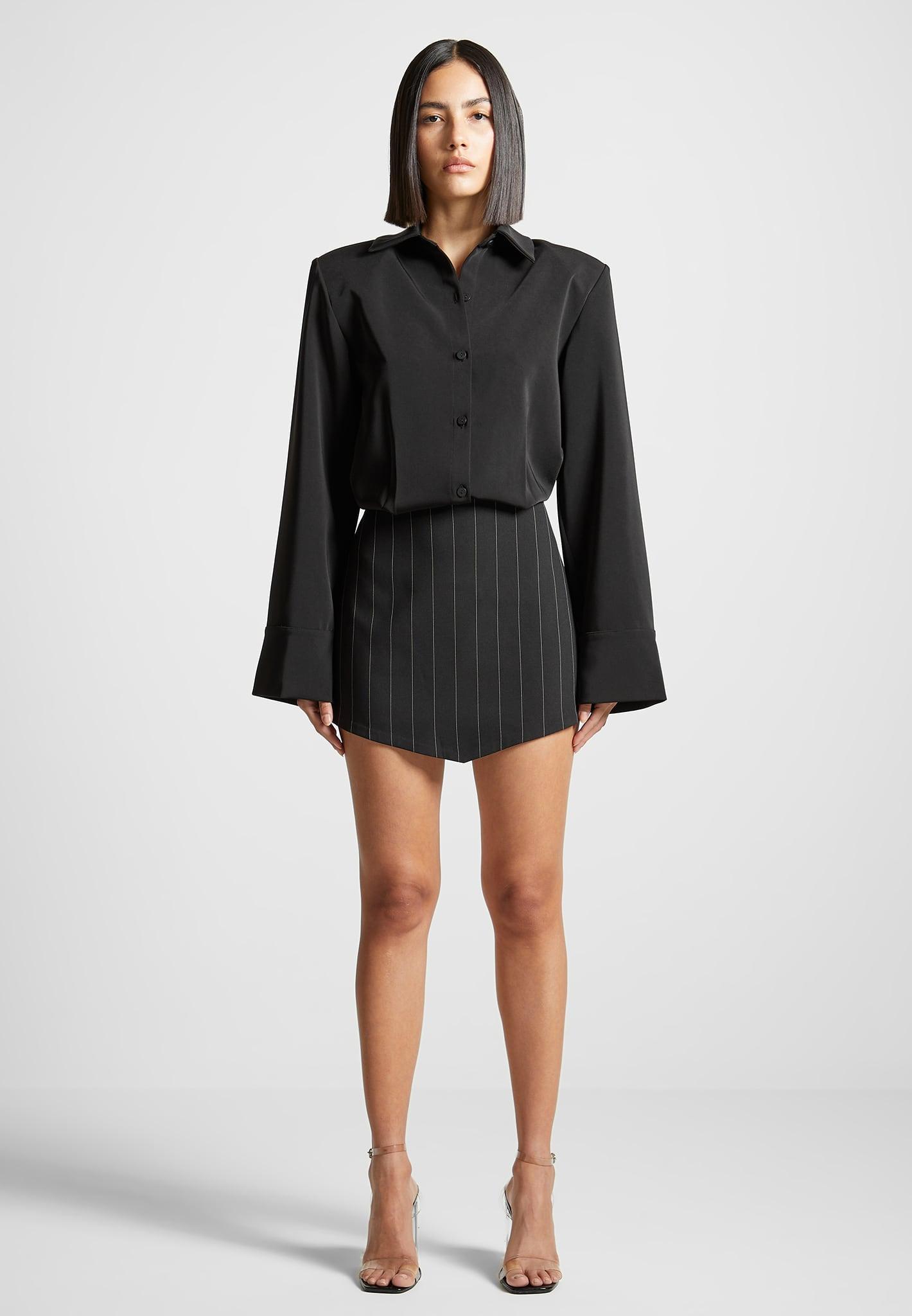 Pinstripe Skirt Shirt Dress - Black Female Product Image