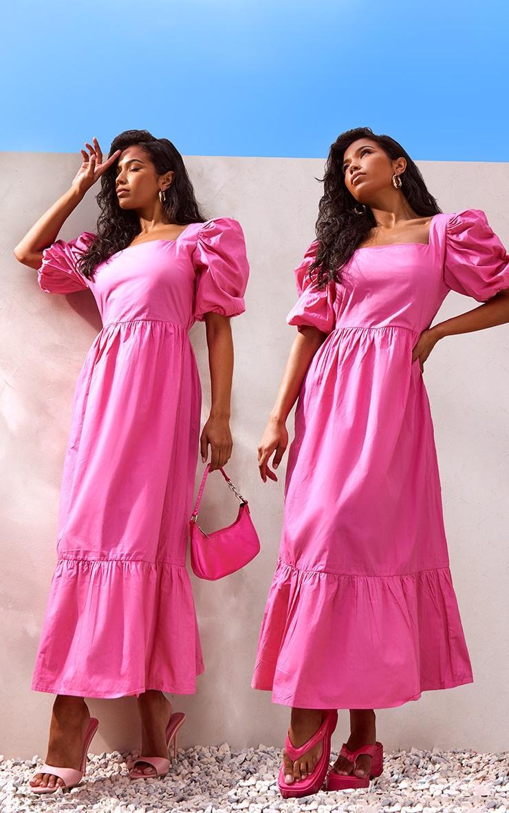 Hot Pink Woven Puff Sleeve Square Neck Midaxi Dress product image