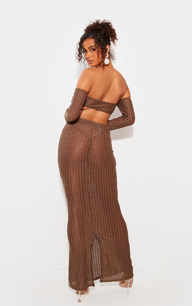 Chocolate Brown Ribbed Bardot Long Sleeve Cut Out Maxi Dress Product Image