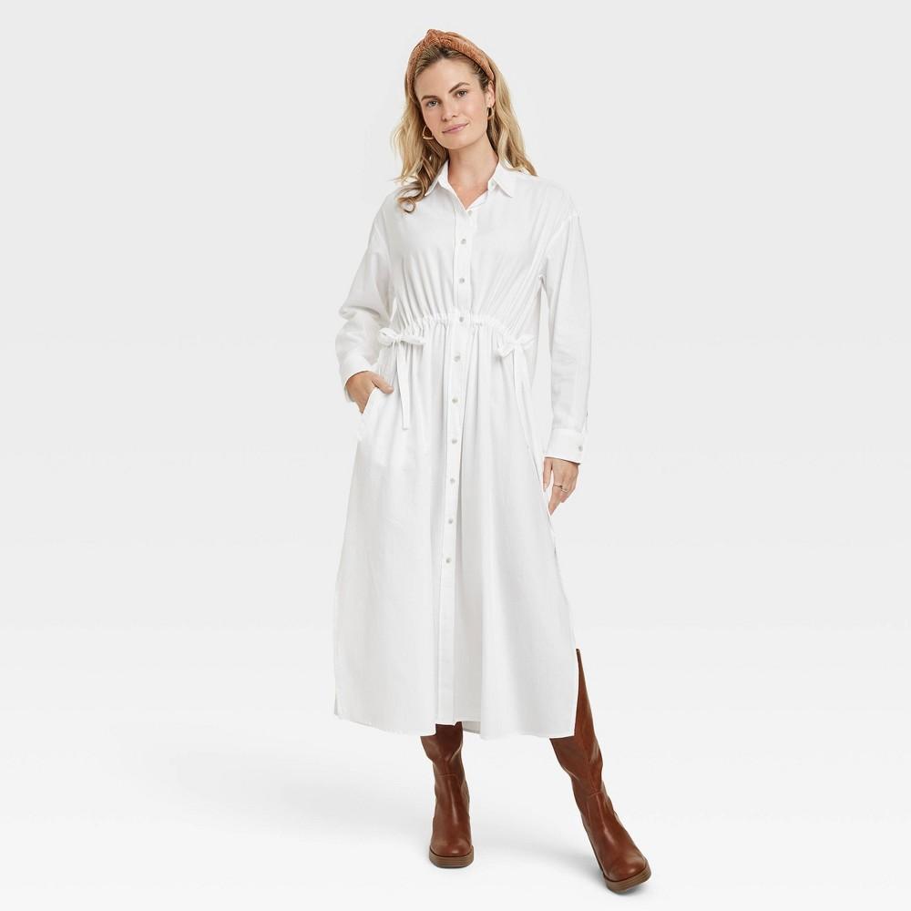 Womens Long Sleeve Cinch Waist Maxi Shirtdress - Universal Thread White M Product Image