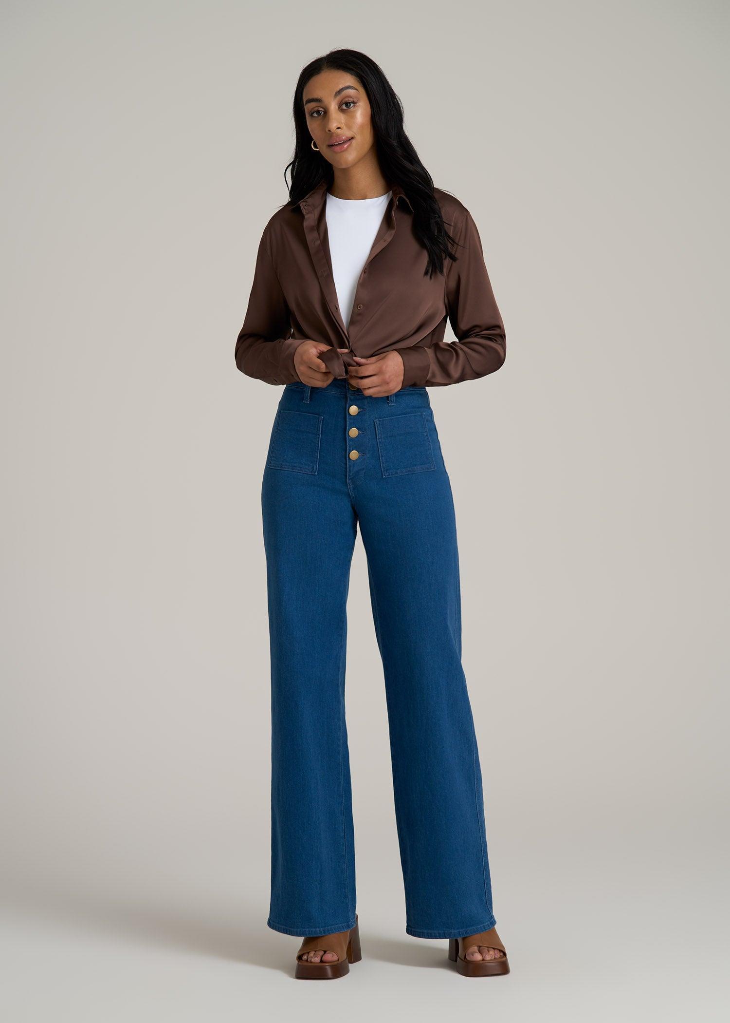 Stevie Wide Leg Patch Pocket Jeans for Tall Women in 70's Blues Product Image