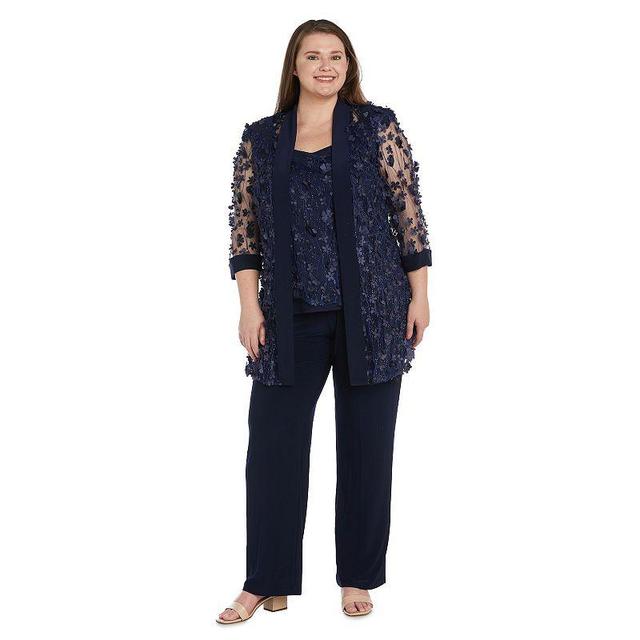 Plus Size R&M Richards Sheer Mesh Flower Embroidered Layered Cardigan Top & High Rise Pants Set, Womens Blue Product Image