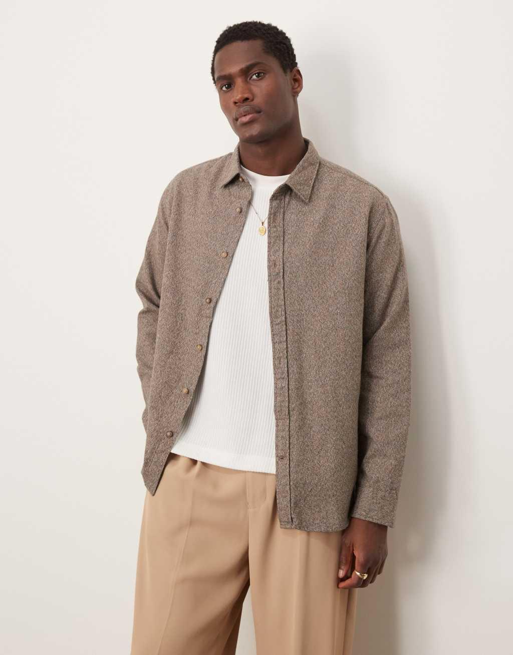 Selected Homme oversized flannel shirt in brown Product Image