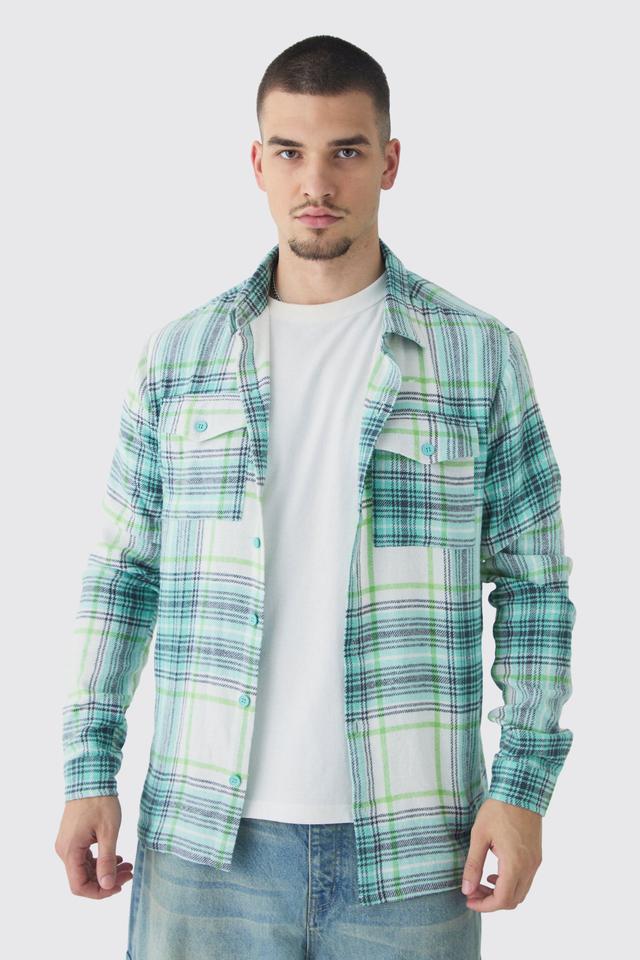 Mens Tall Oversized Green Large Scale Brushed Checked Shirt, Green Product Image