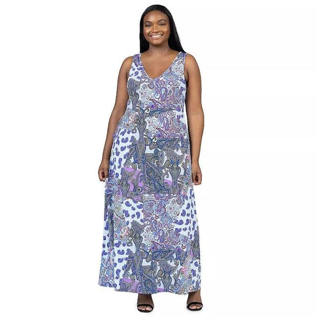 Plus Size 24Seven Comfort Multicolor Sleeveless V Neck Maxi Dress With Pockets, Womens Product Image