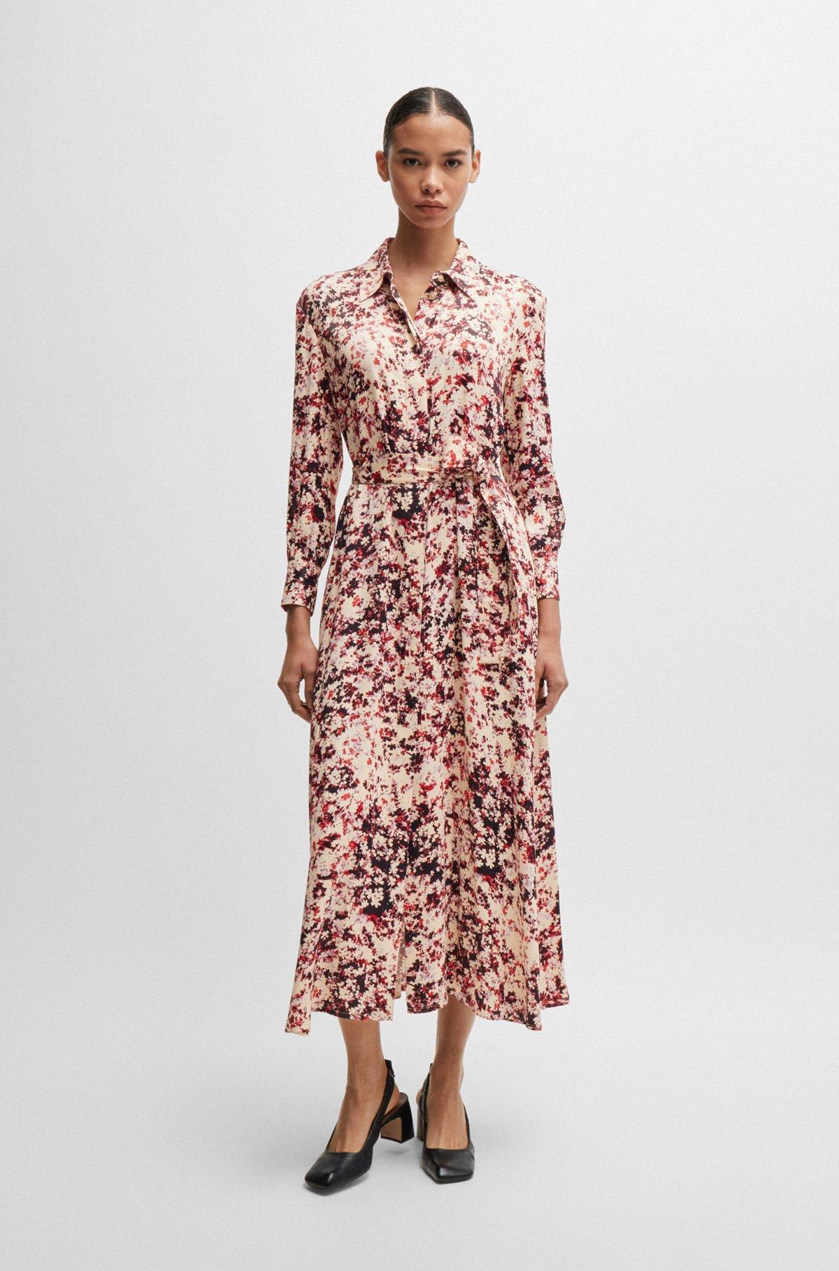 Long-sleeved shirt dress in floral-print satin Product Image