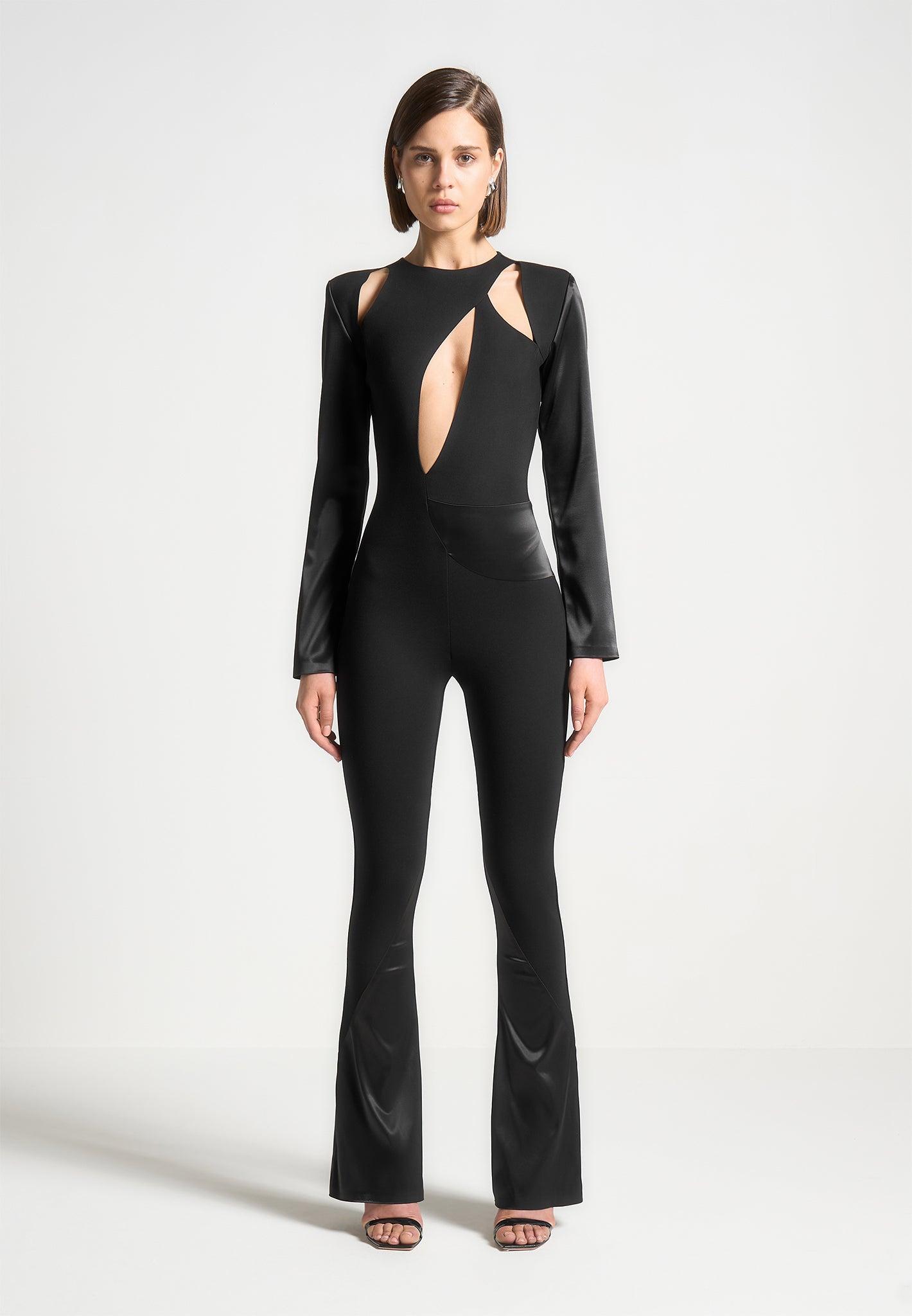 Satin and Bandage Flared Jumpsuit - Black Female Product Image